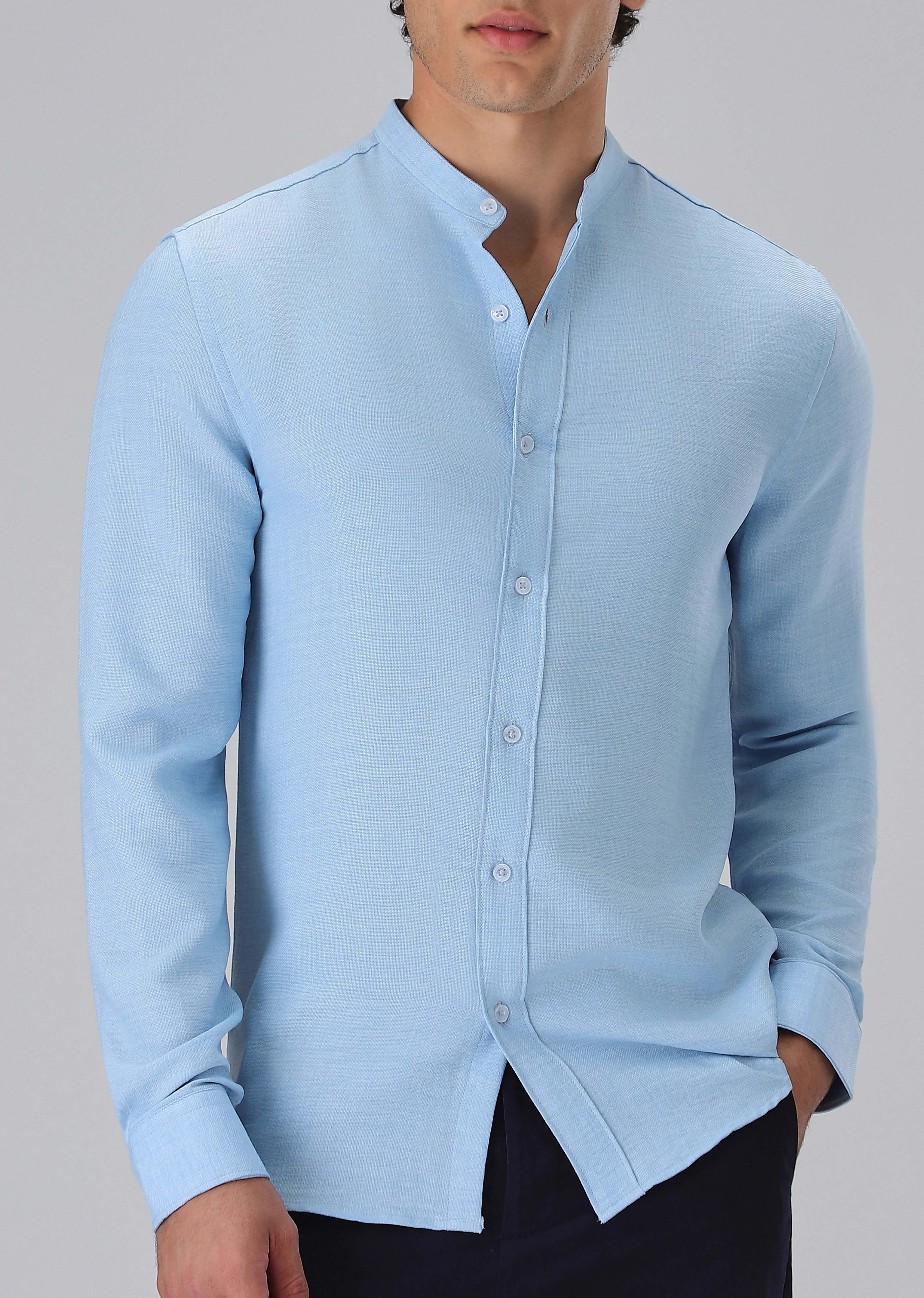 Light Blue Plain Mandarin Collar Shirt - Image 7