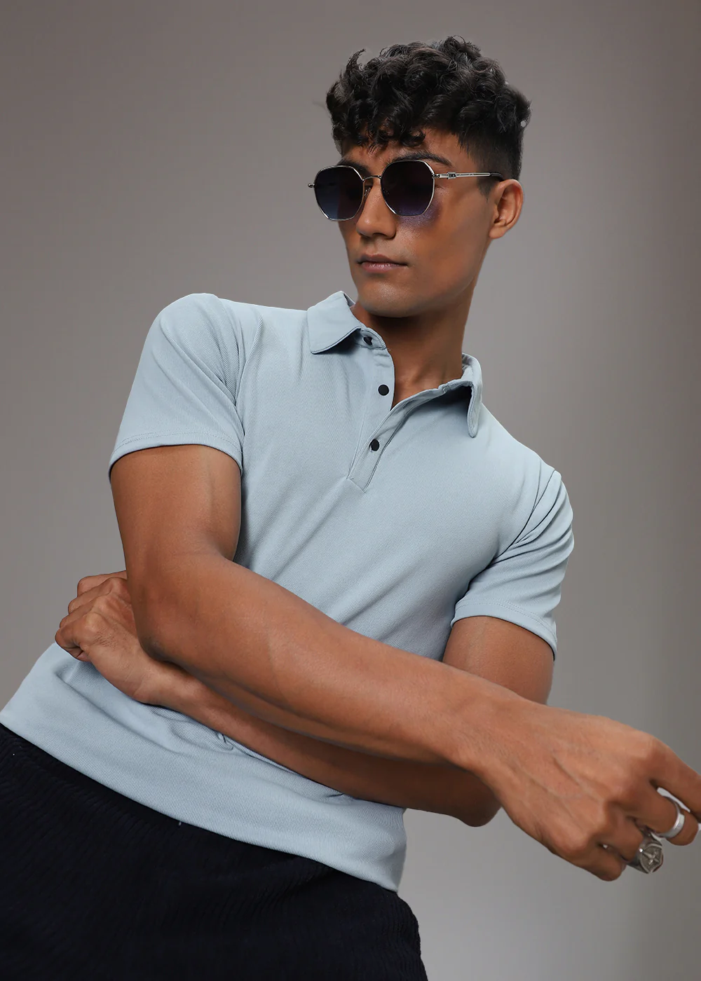 Light Blue Plain Ribbed Polo T-shirt - Image 3