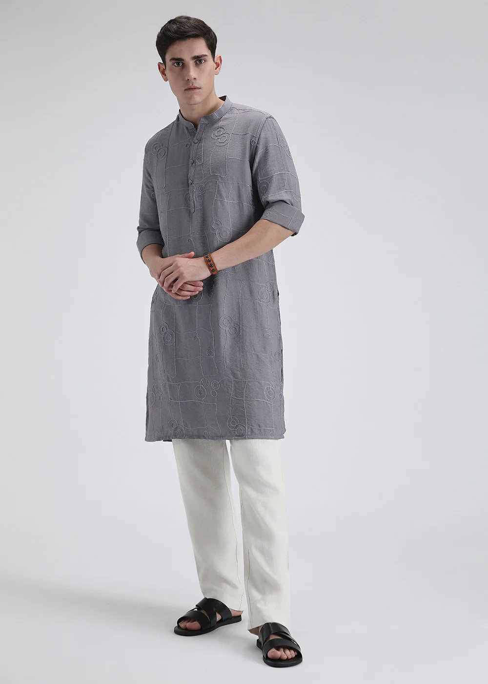 Light Blue Self Thread Embroidered Kurta - Image 6