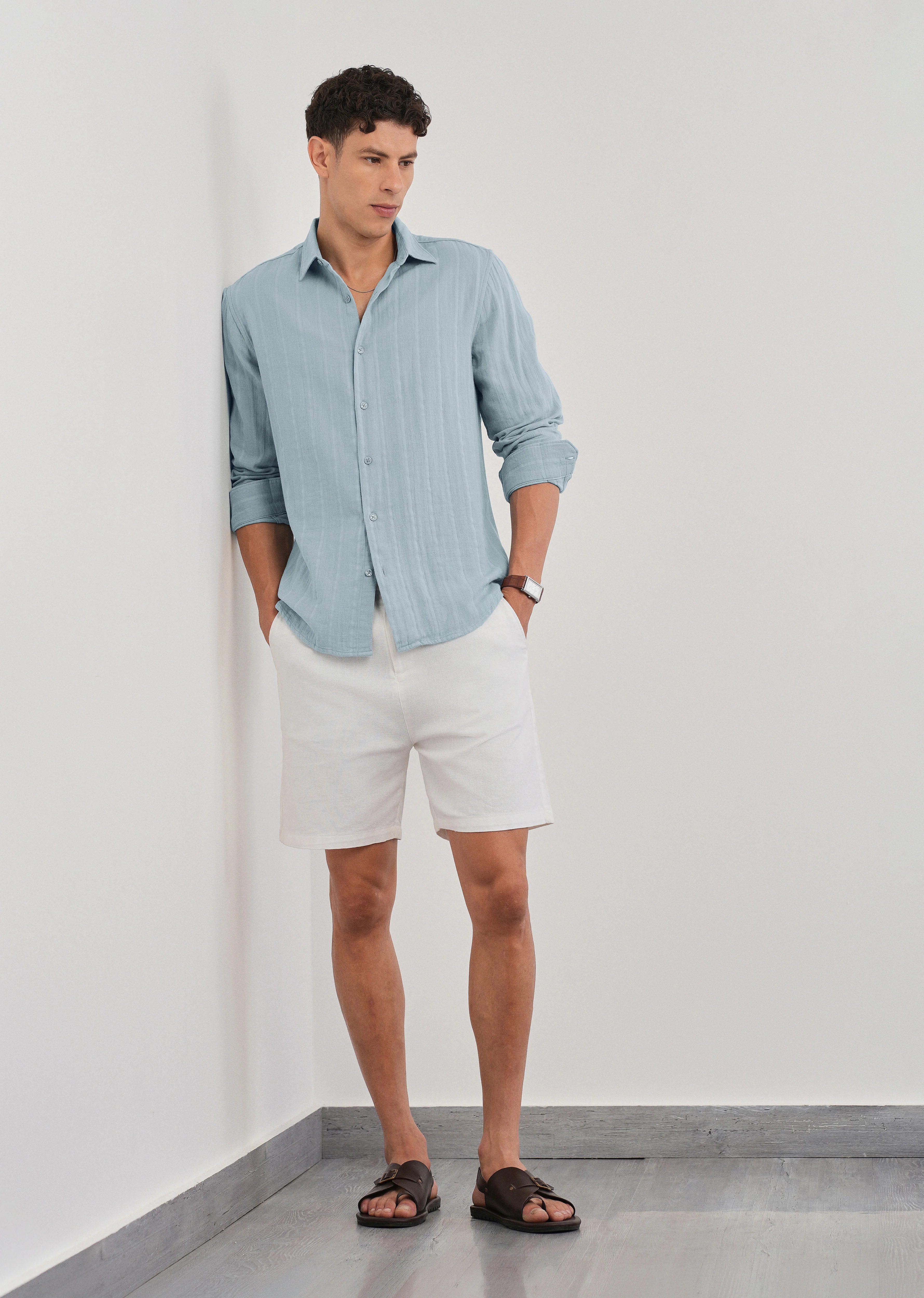 Light Blue Self Striped Cotton Shirt - Image 6