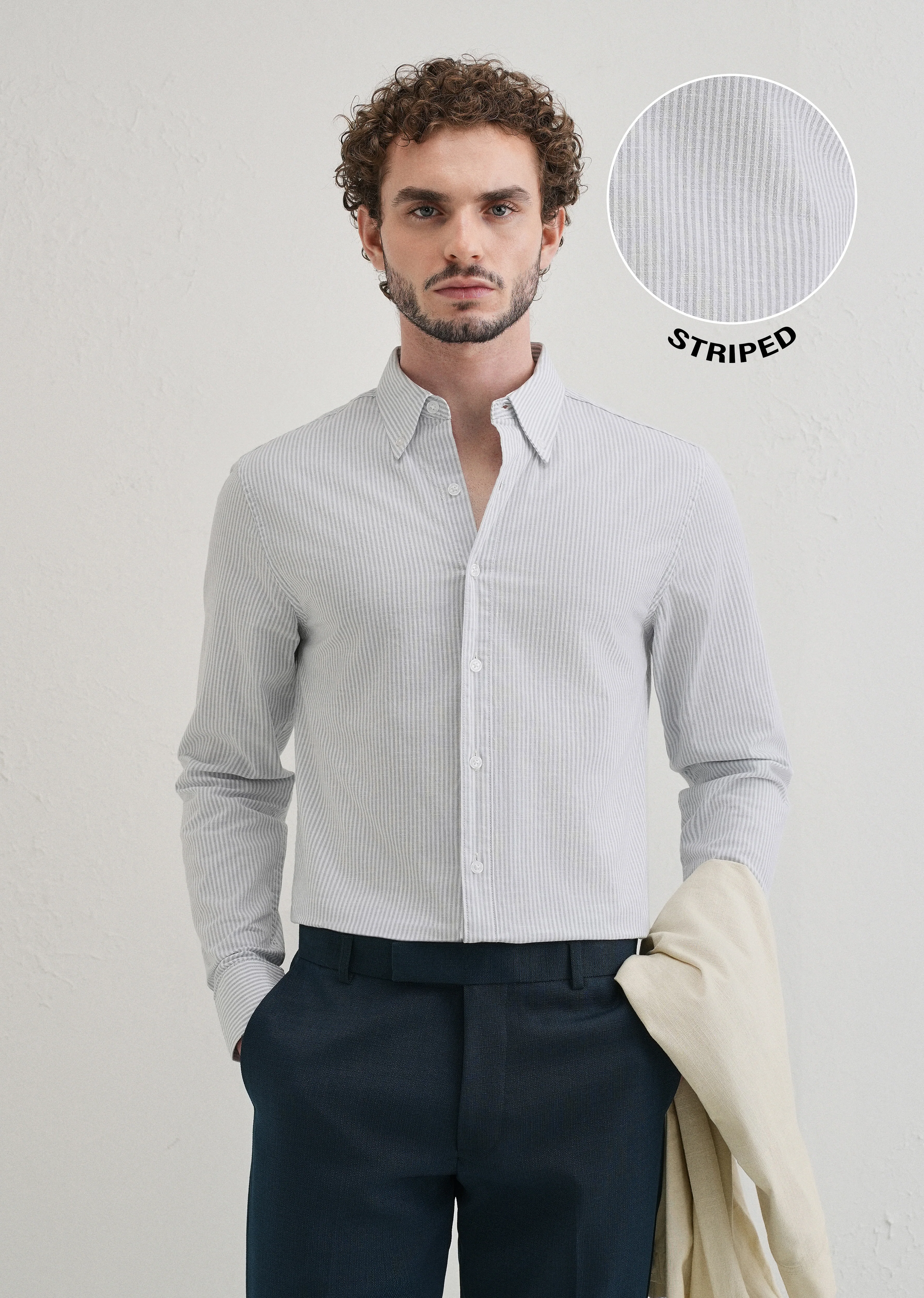 Light Blue Striped Cotton Linen Shirt - Image 2