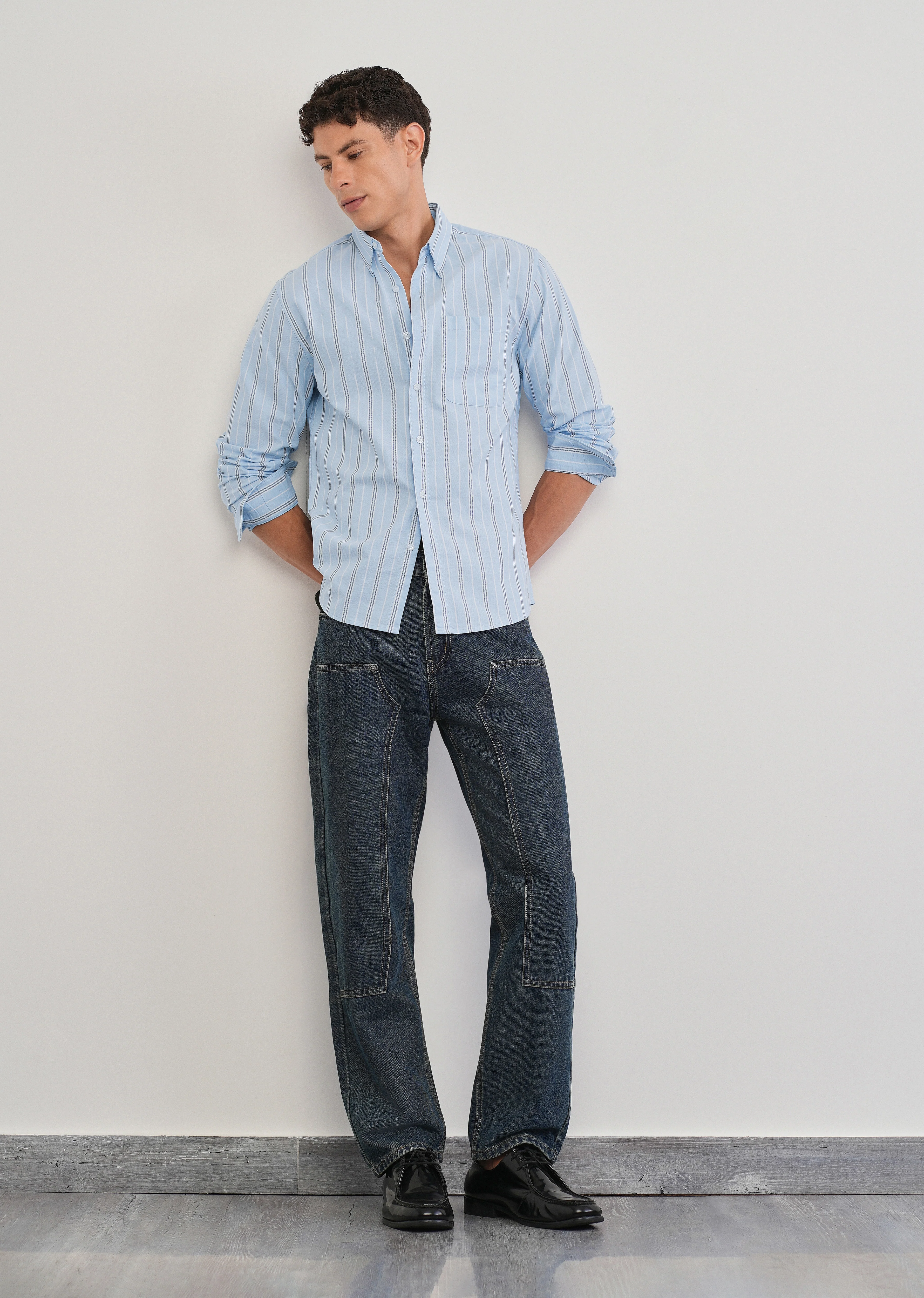 Light Blue Vertical Striped Cotton Shirt - Image 6