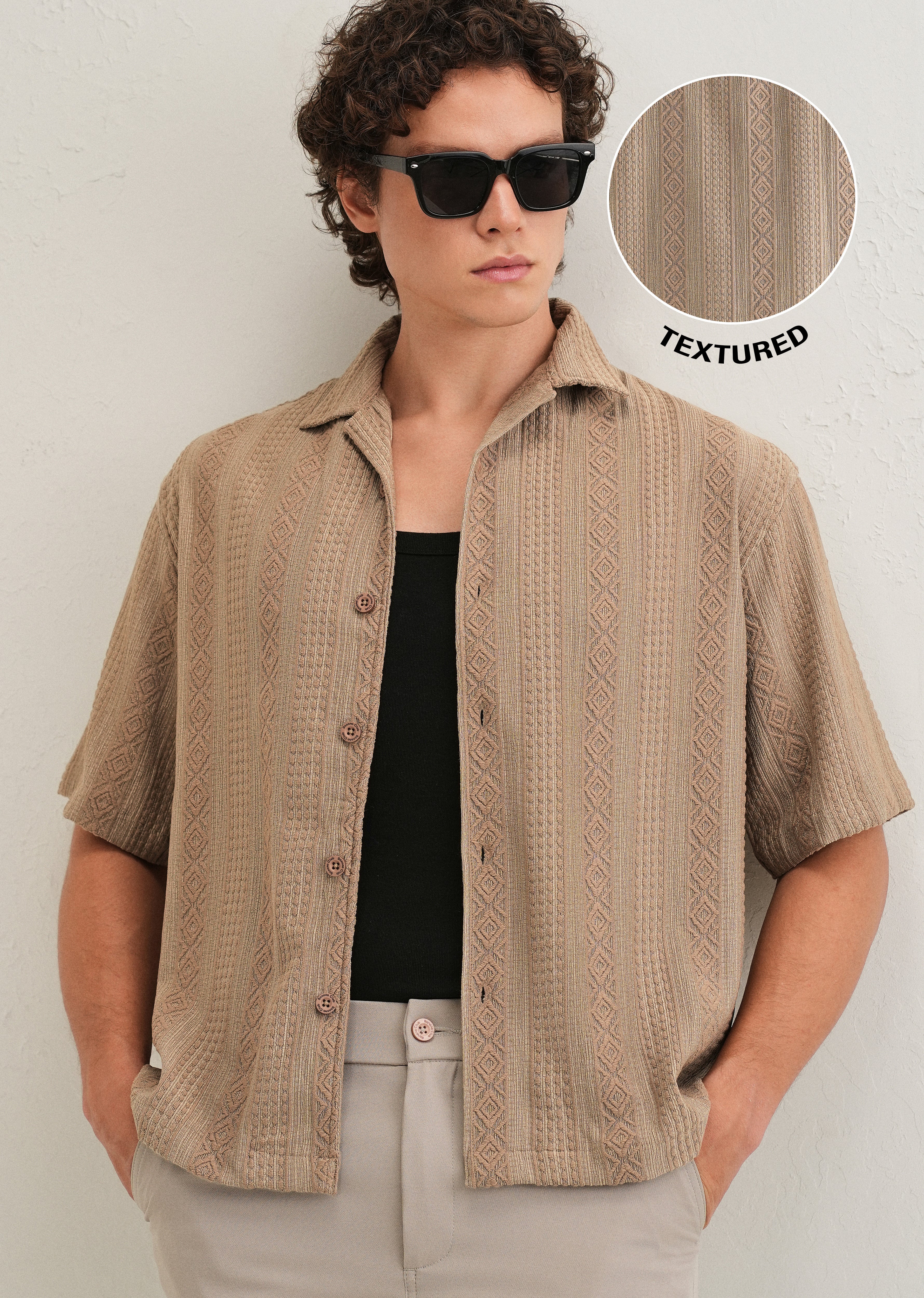 Light Brown Geometric Textured Shirt - Image 7