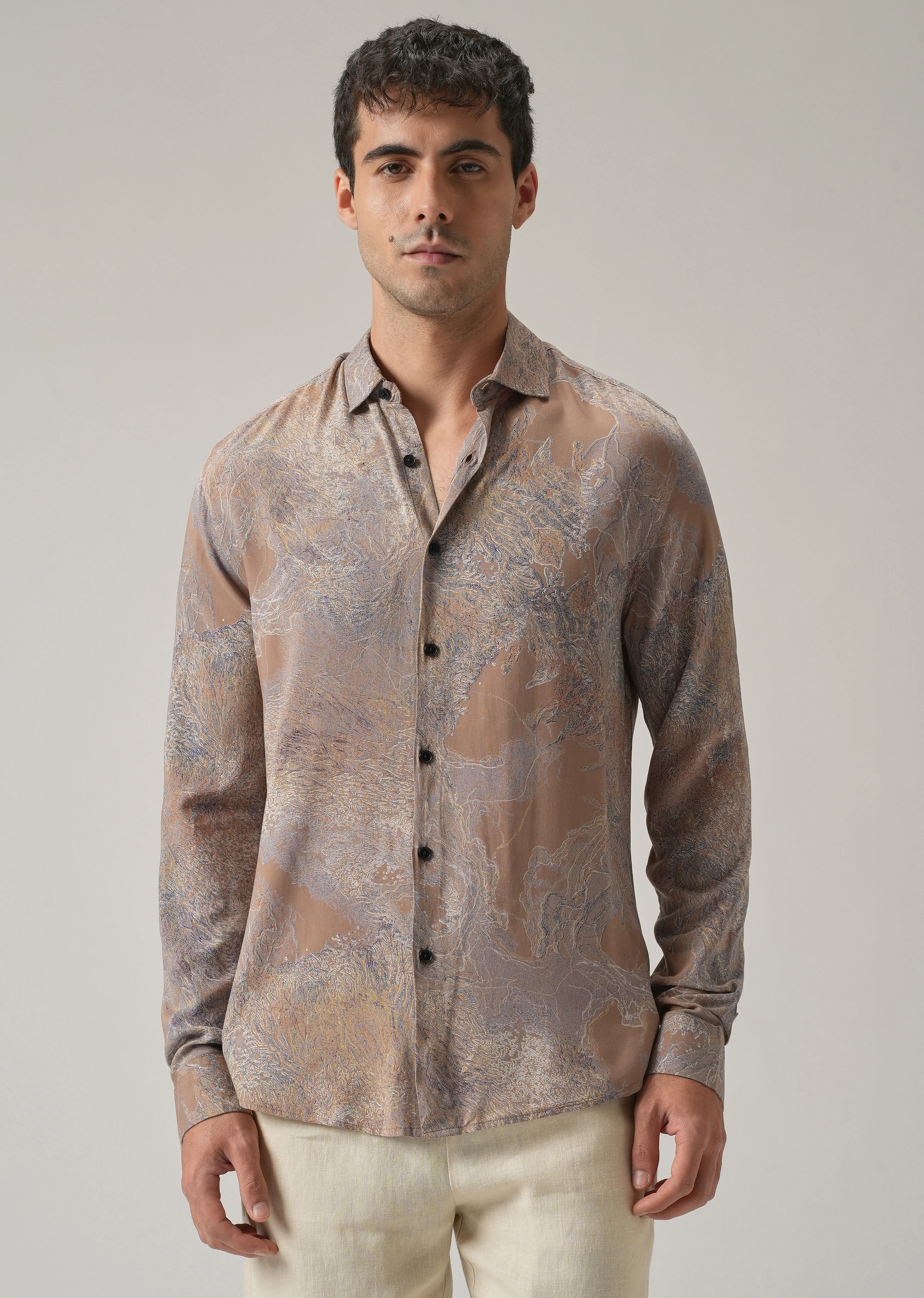 Light Brown Intricate Print Feather Shirt - Image 3