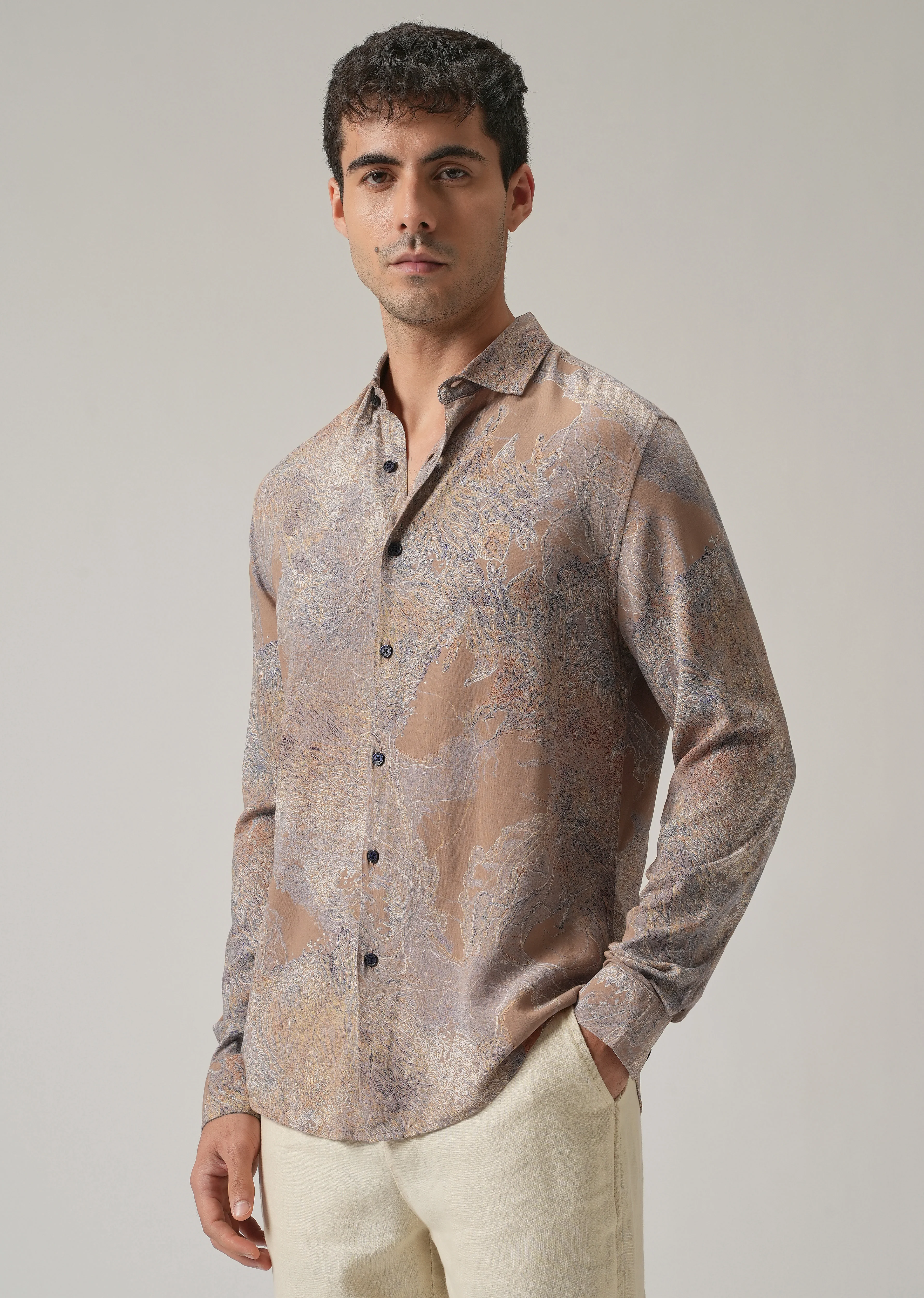 Light Brown Intricate Print Feather Shirt - Image 4