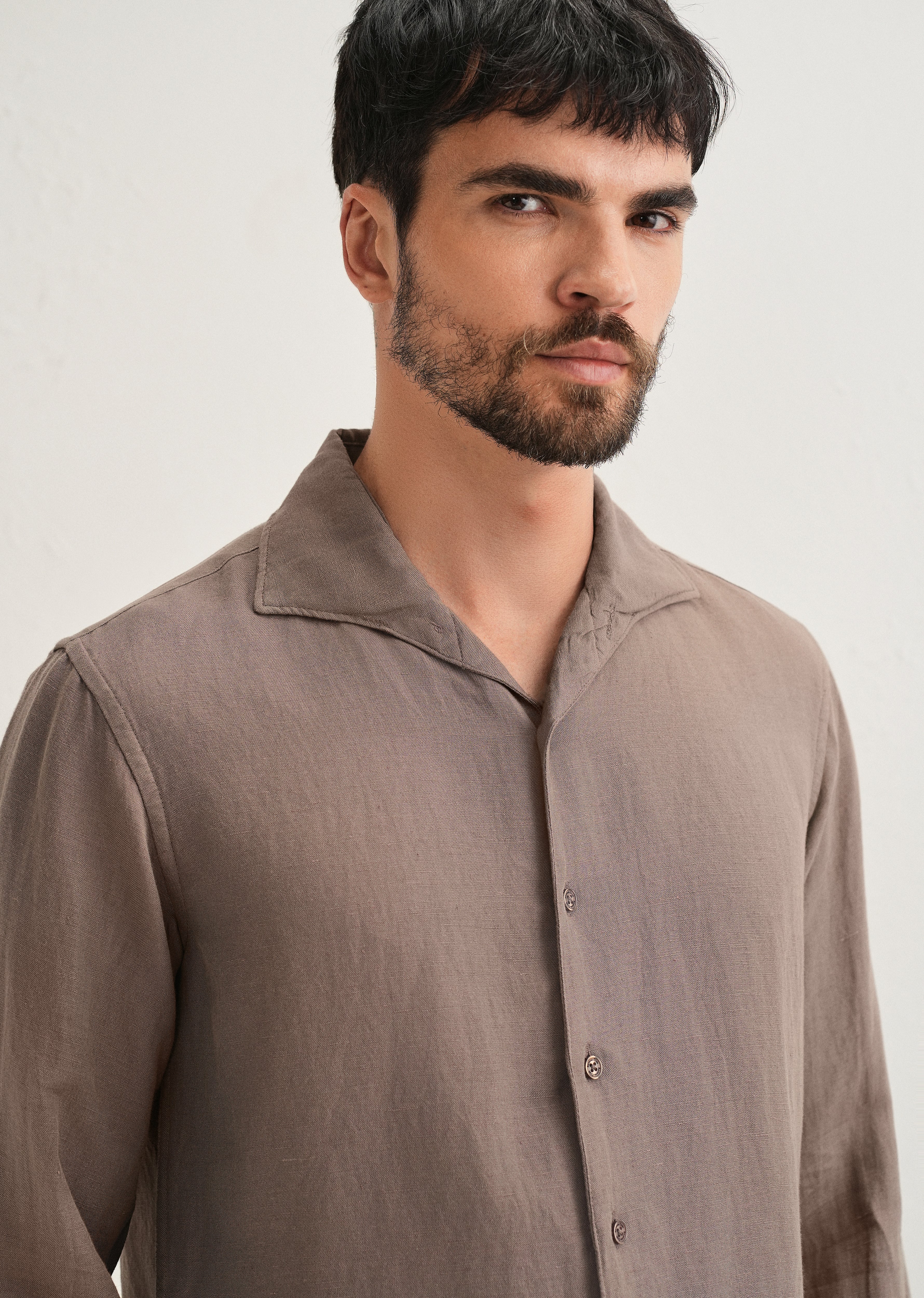 Light Brown Plain Linen Viscose Shirt - Image 2