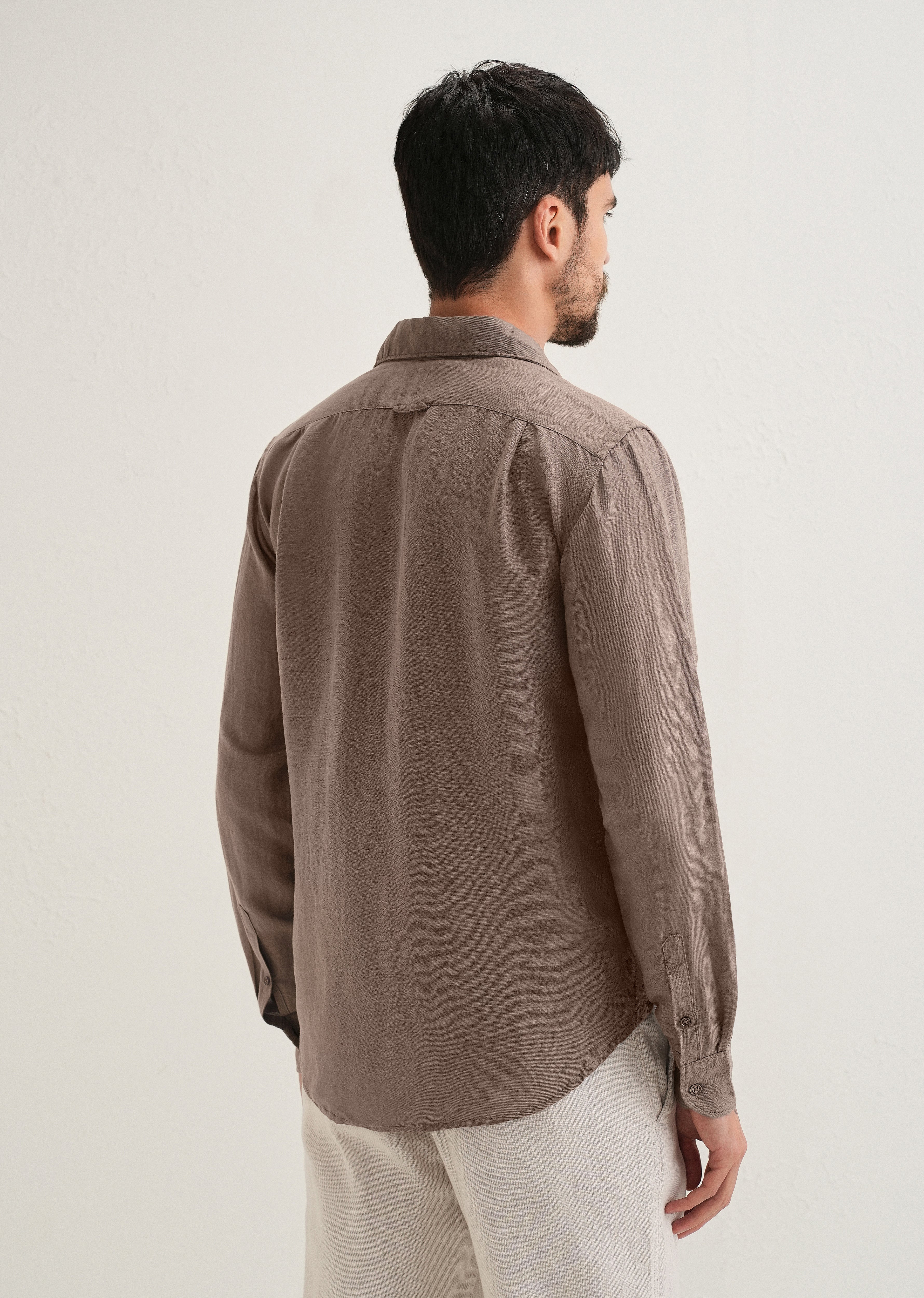 Light Brown Plain Linen Viscose Shirt - Image 3
