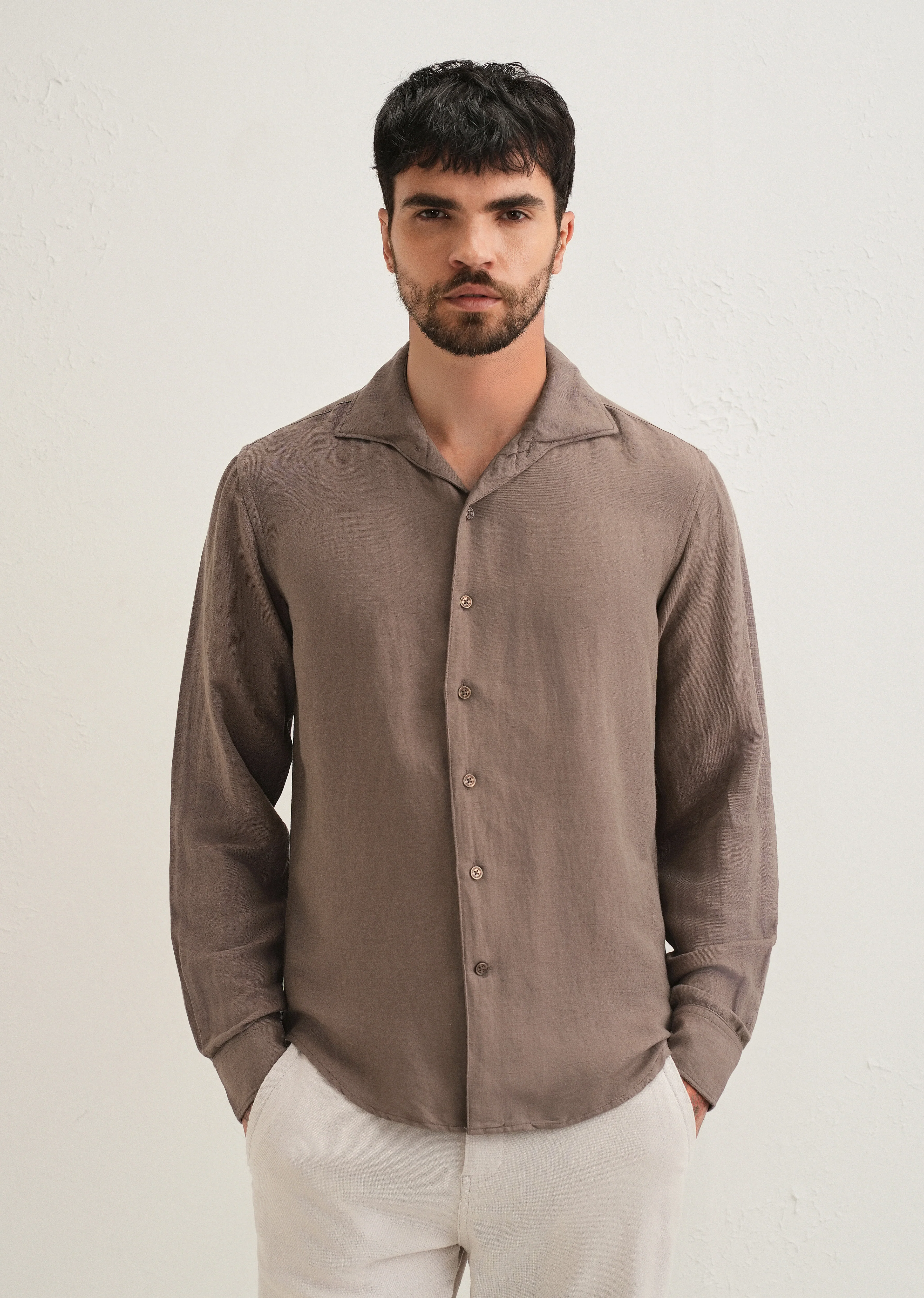 Light Brown Plain Linen Viscose Shirt - Image 4