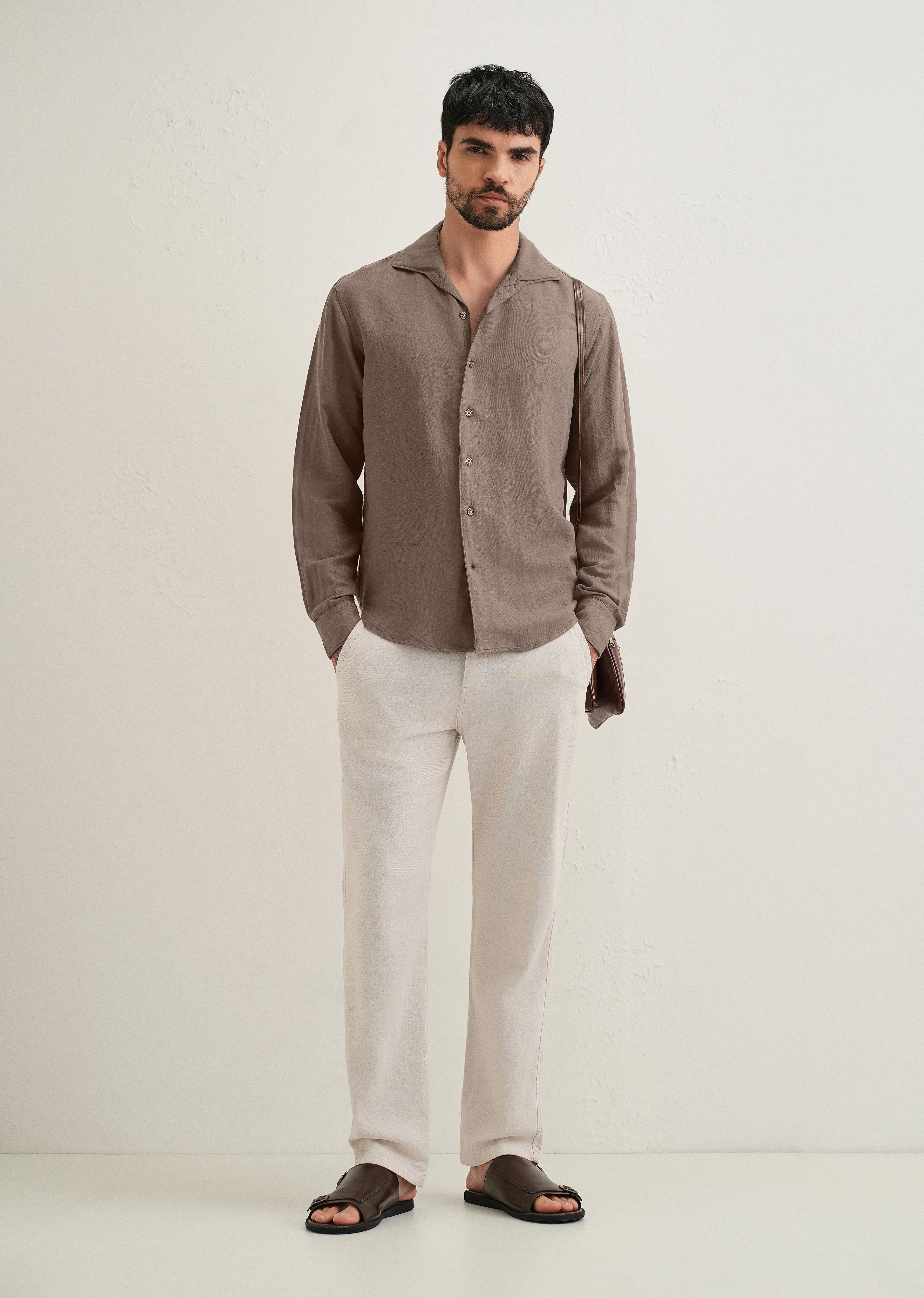 Light Brown Plain Linen Viscose Shirt - Image 6