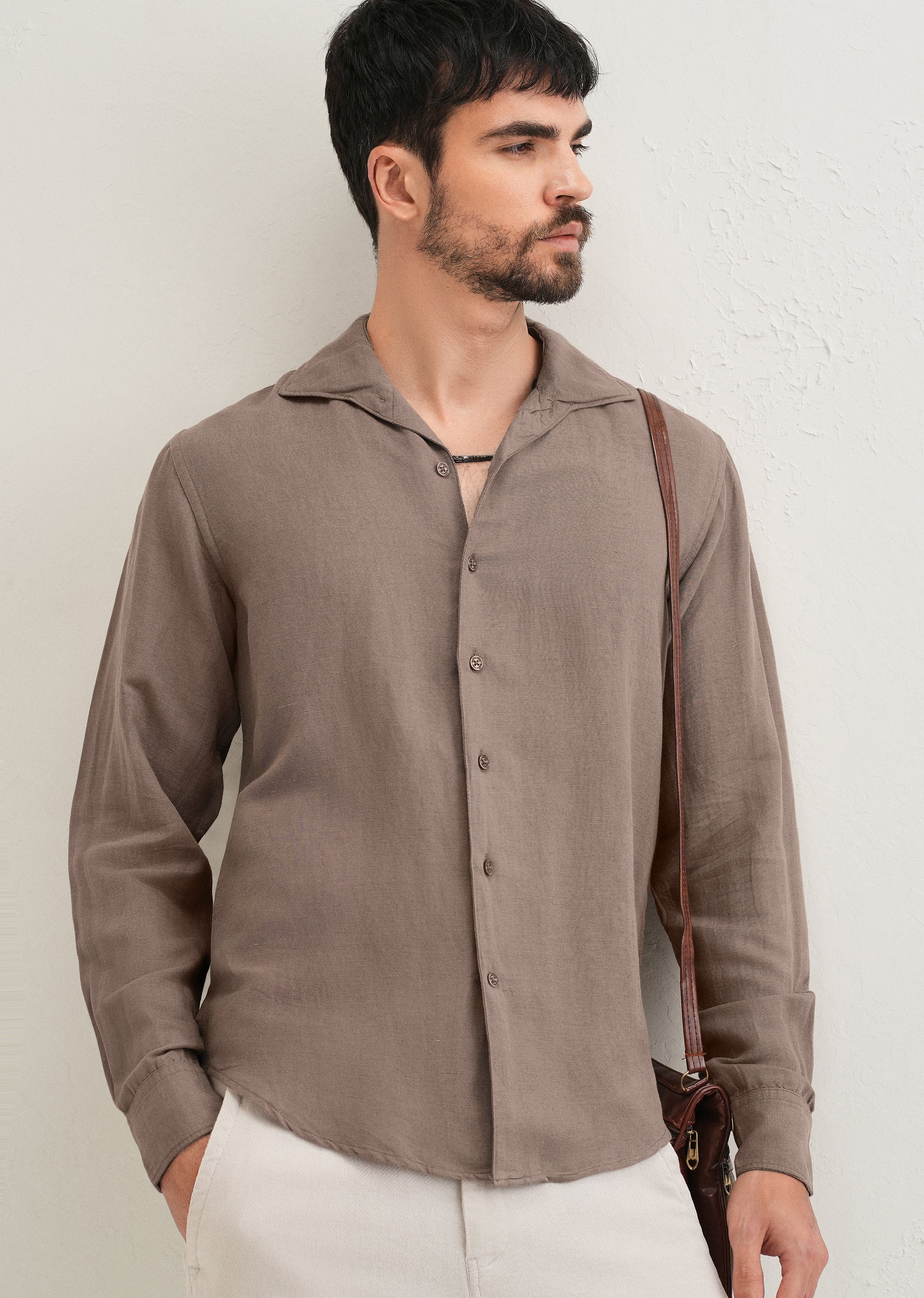 Light Brown Plain Linen Viscose Shirt - Image 7