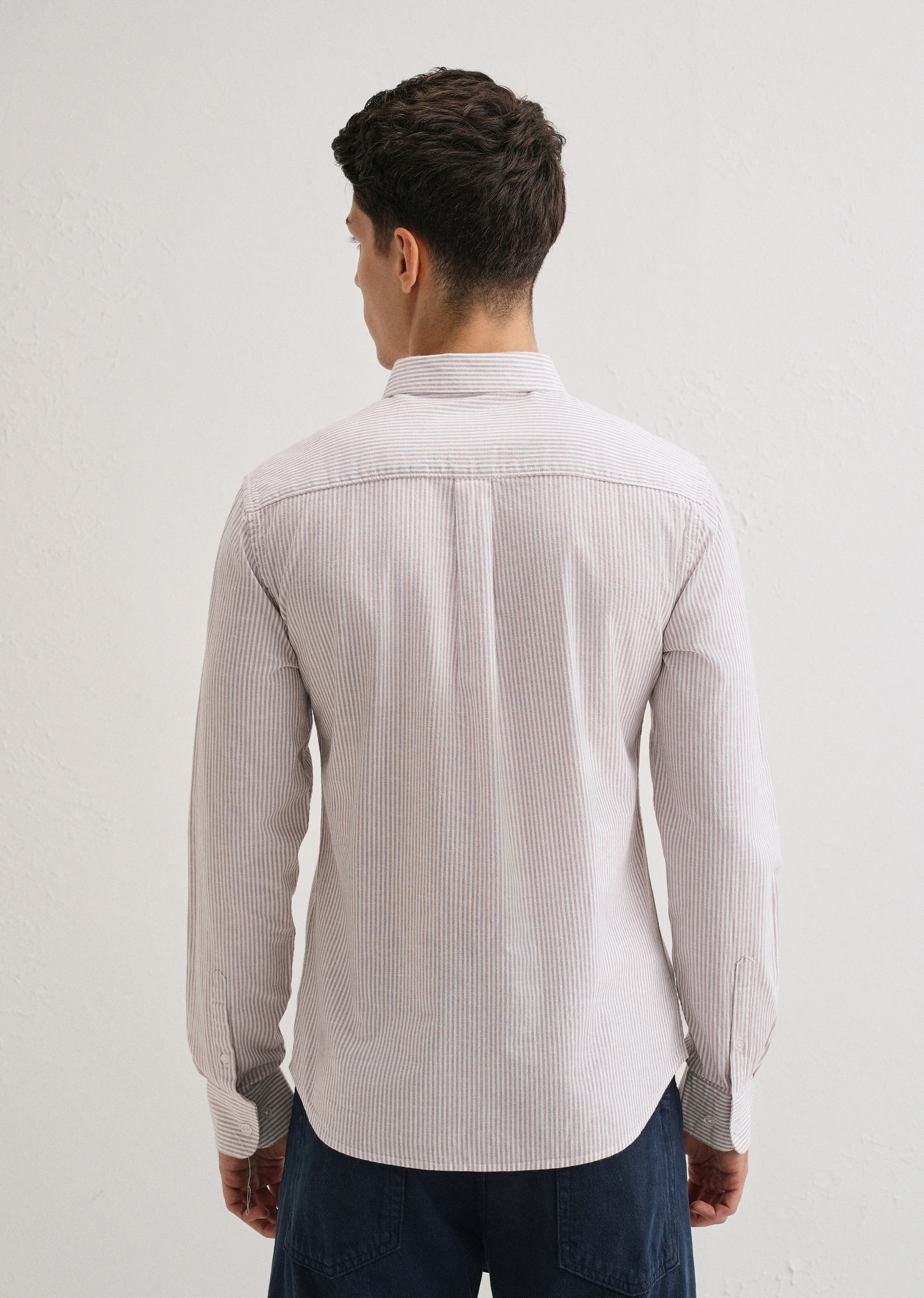 Light Brown Striped Cotton Linen Shirt - Image 3