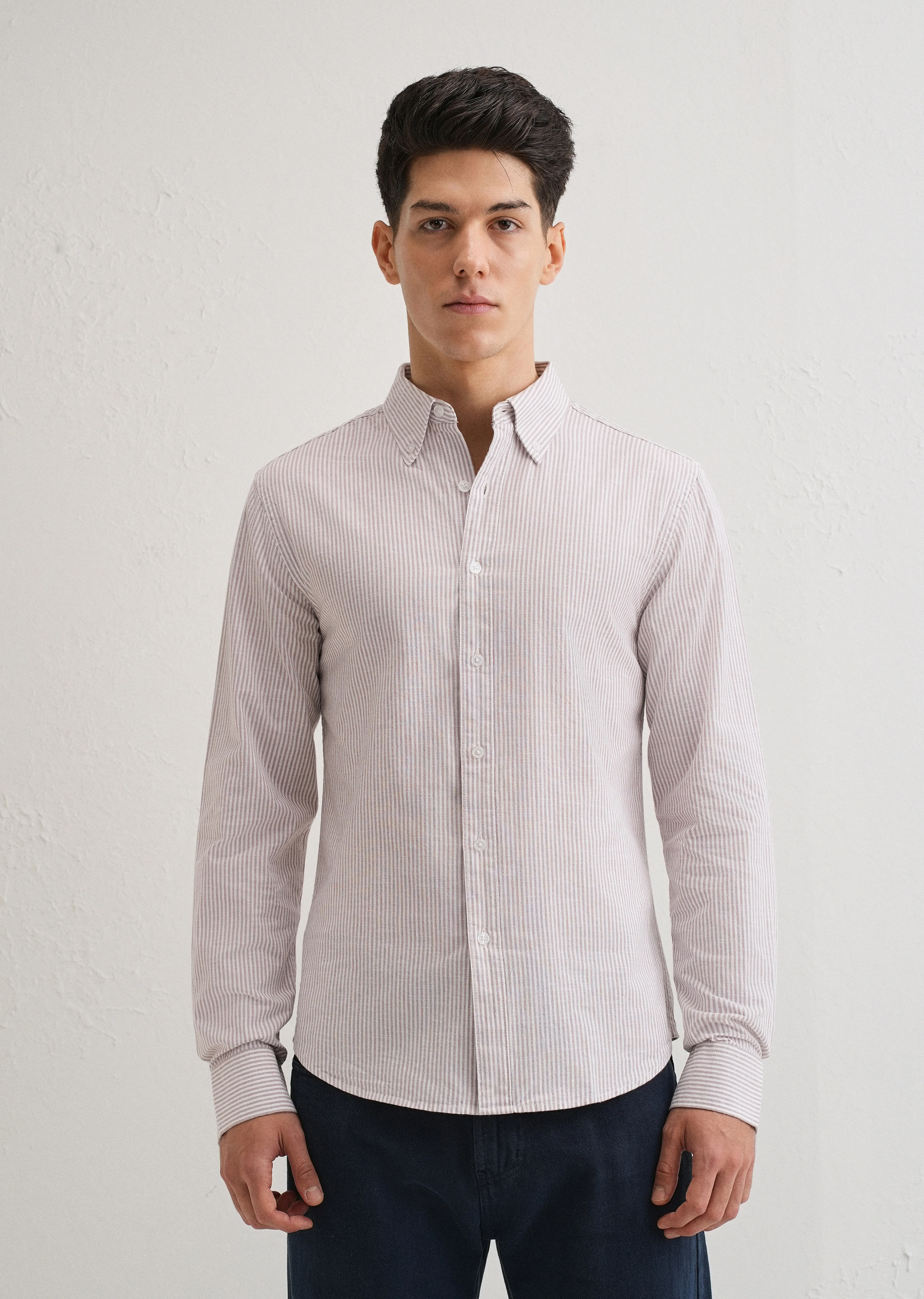 Light Brown Striped Cotton Linen Shirt - Image 4