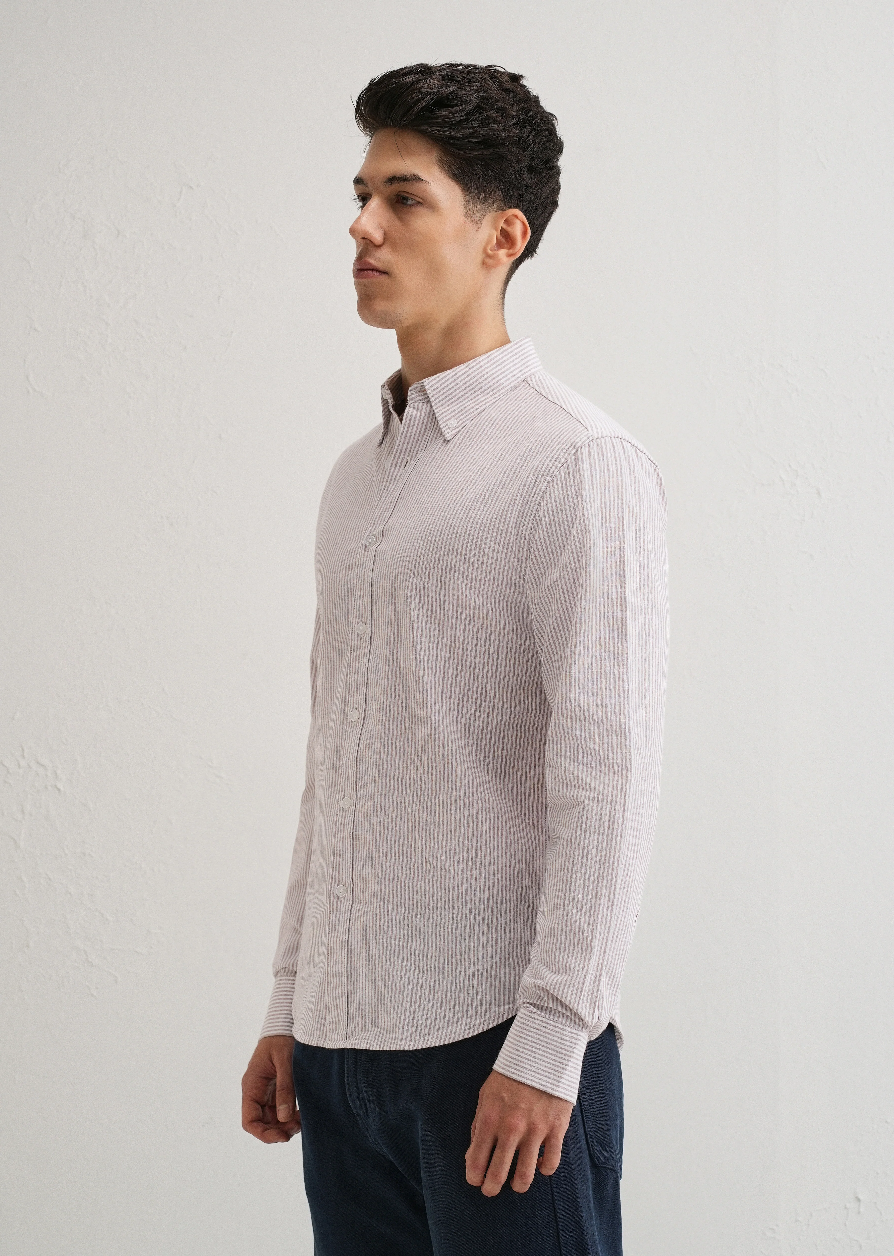 Light Brown Striped Cotton Linen Shirt - Image 5