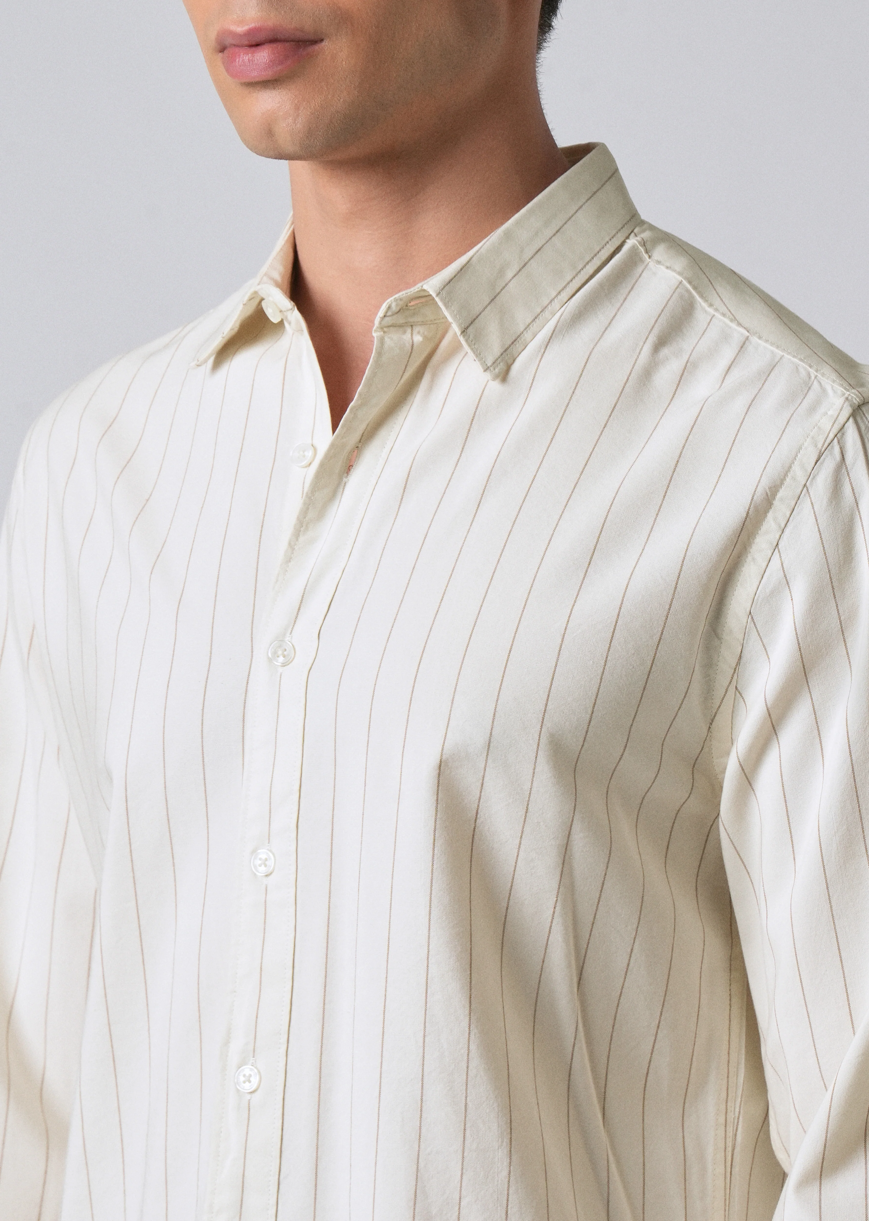 Light Cream Collar Embroidery Stripe Shirt - Image 5