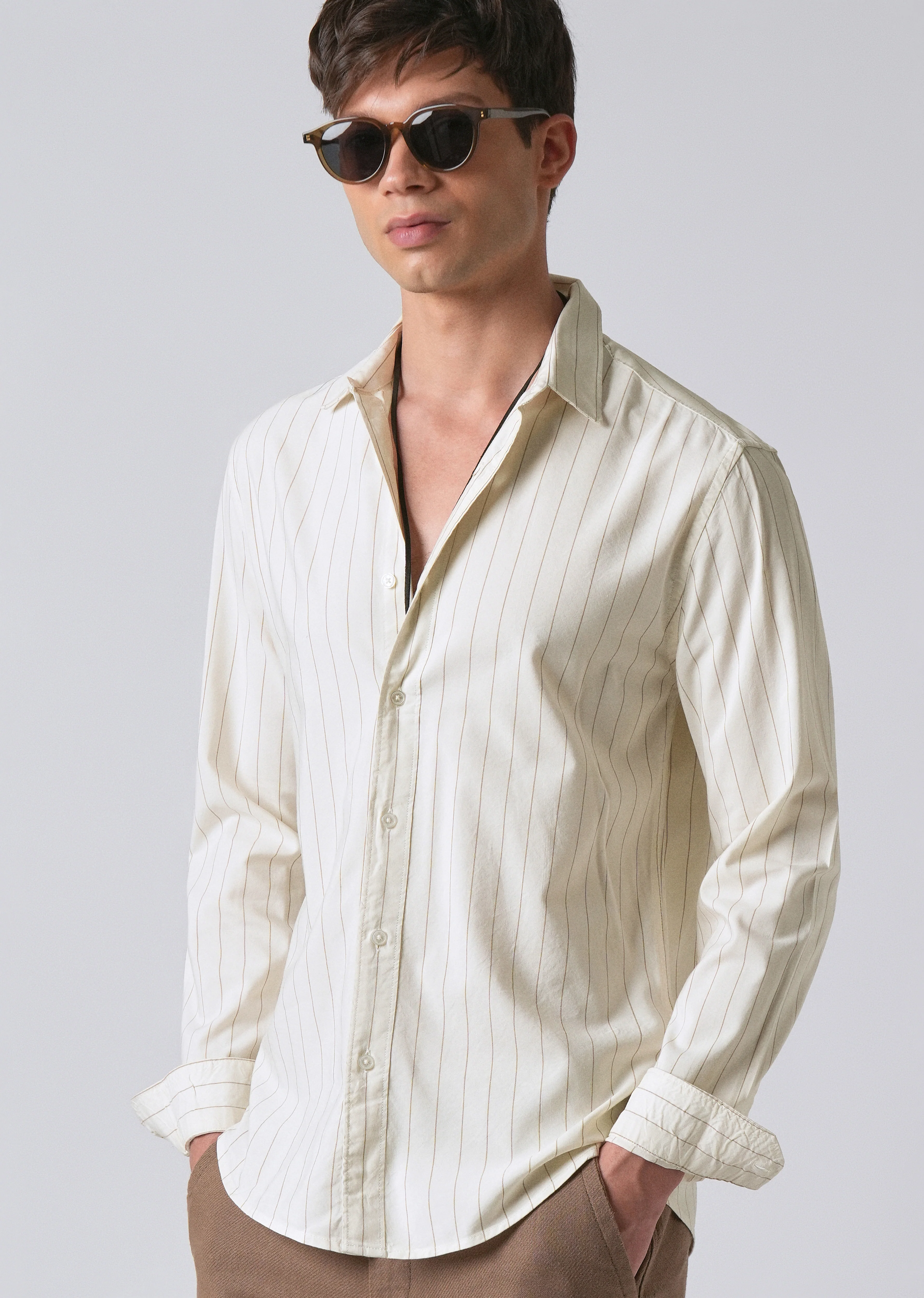 Light Cream Collar Embroidery Stripe Shirt - Image 7