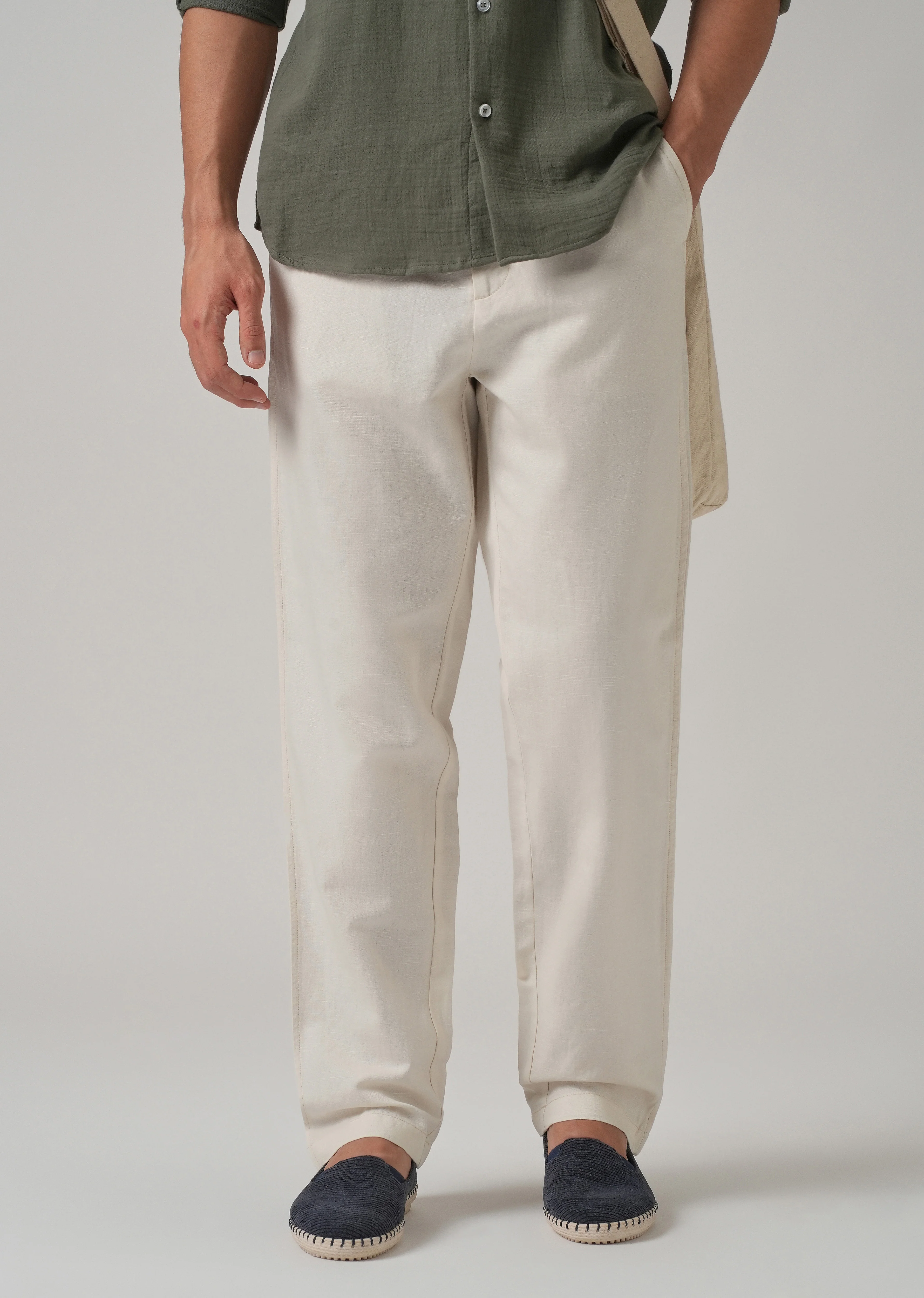 Light Cream Linen Relaxed Fit Trouser - Image 7