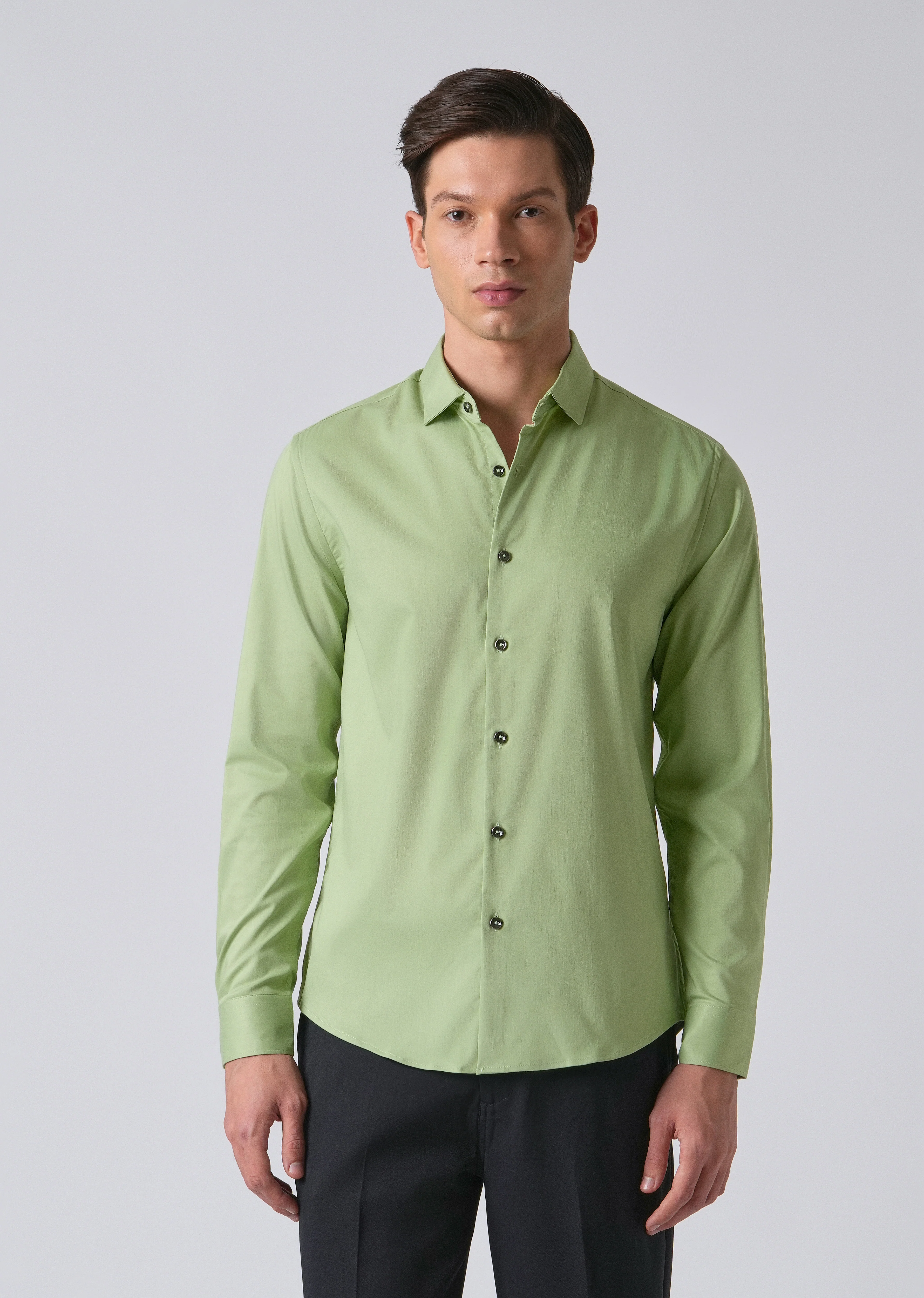 Light Green Cotton Stretch Plain Shirt - Image 3