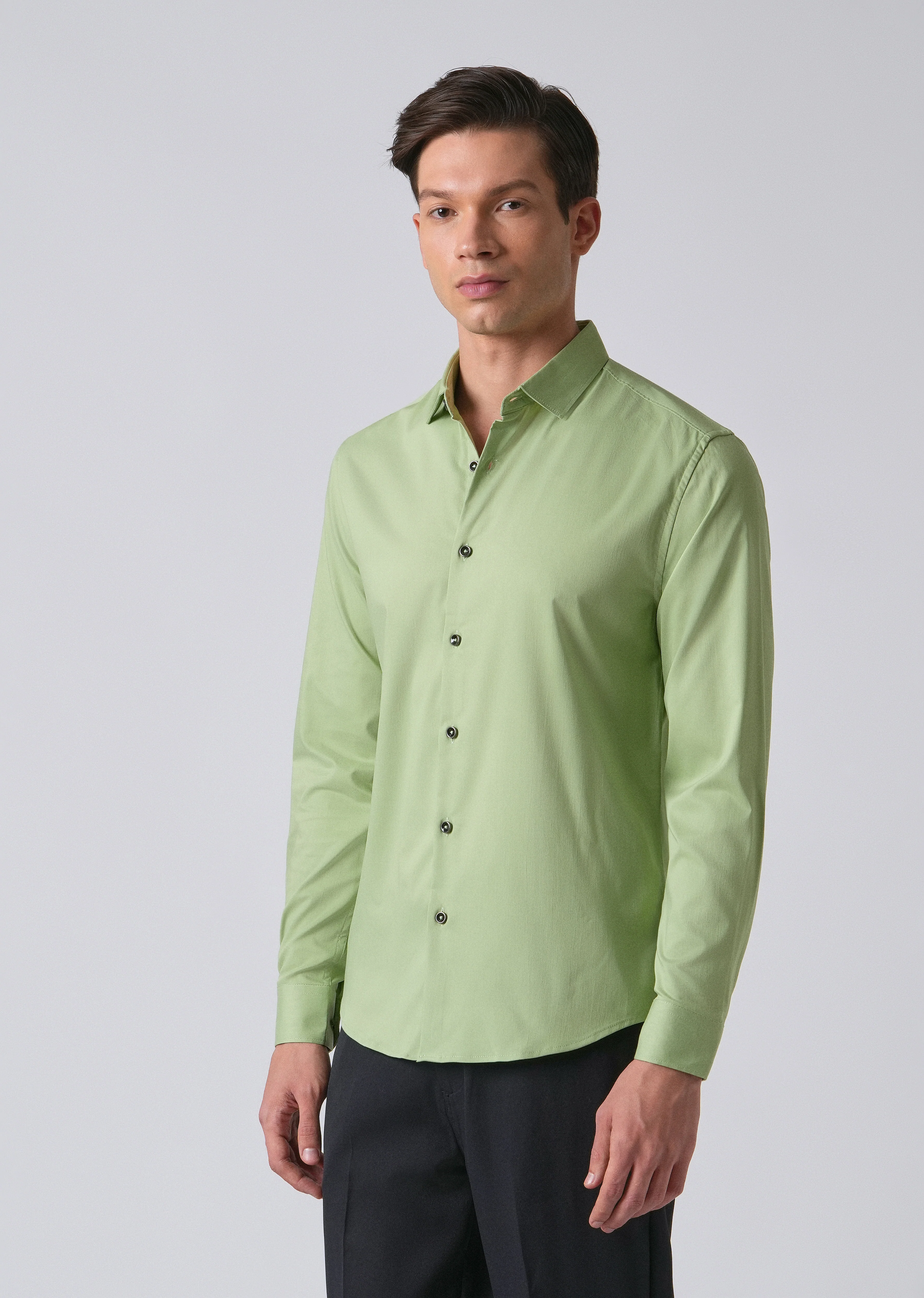 Light Green Cotton Stretch Plain Shirt - Image 4