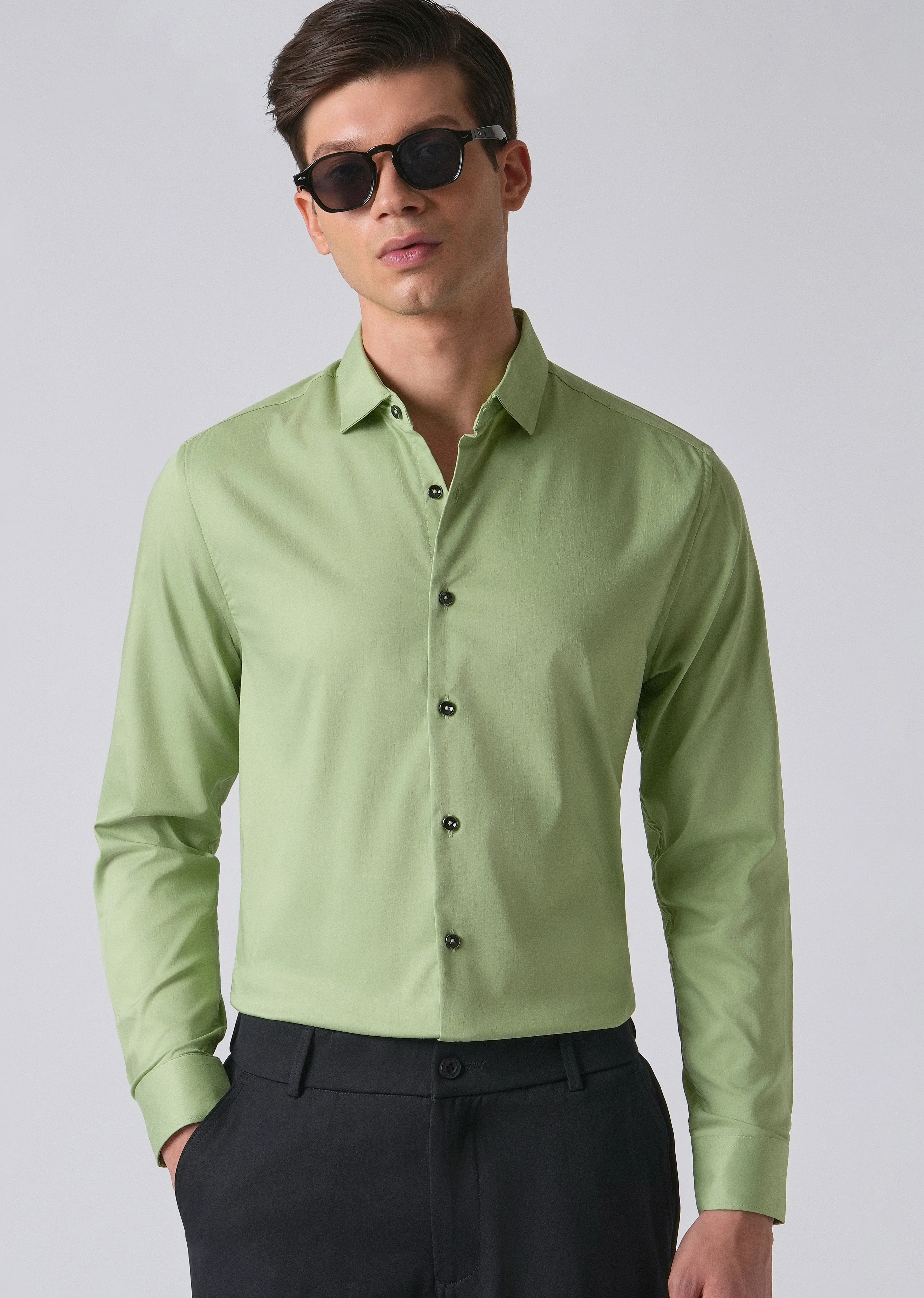 Light Green Cotton Stretch Plain Shirt - Image 7