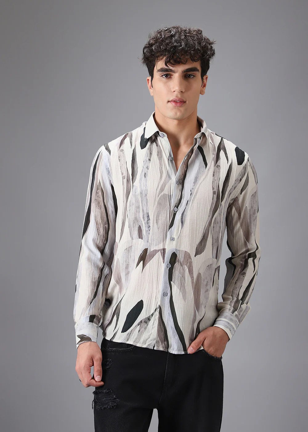 Light Green Leaf Crushed Printed Shirt - Image 3