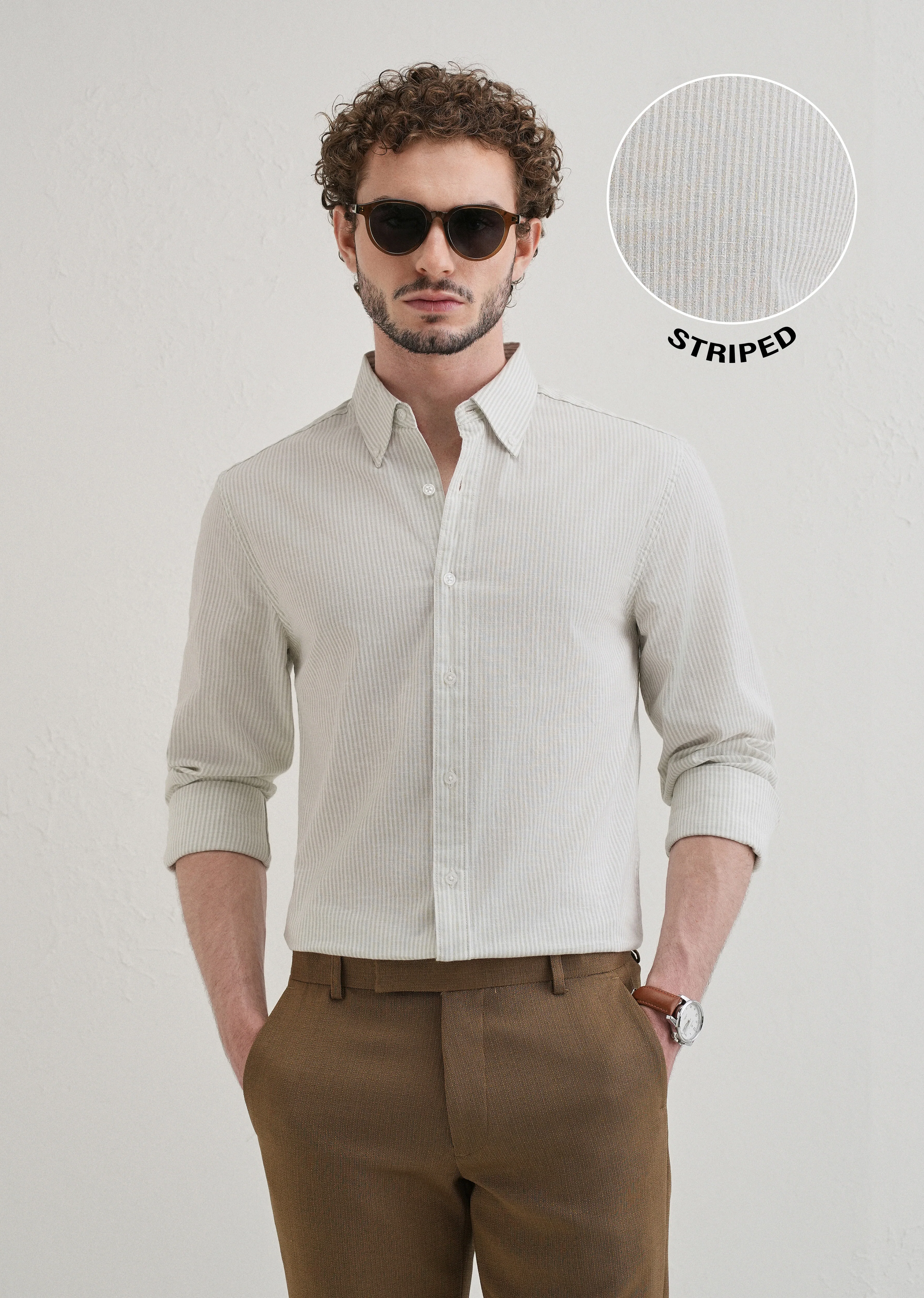 Light Green Striped Cotton Linen Shirt - Image 2