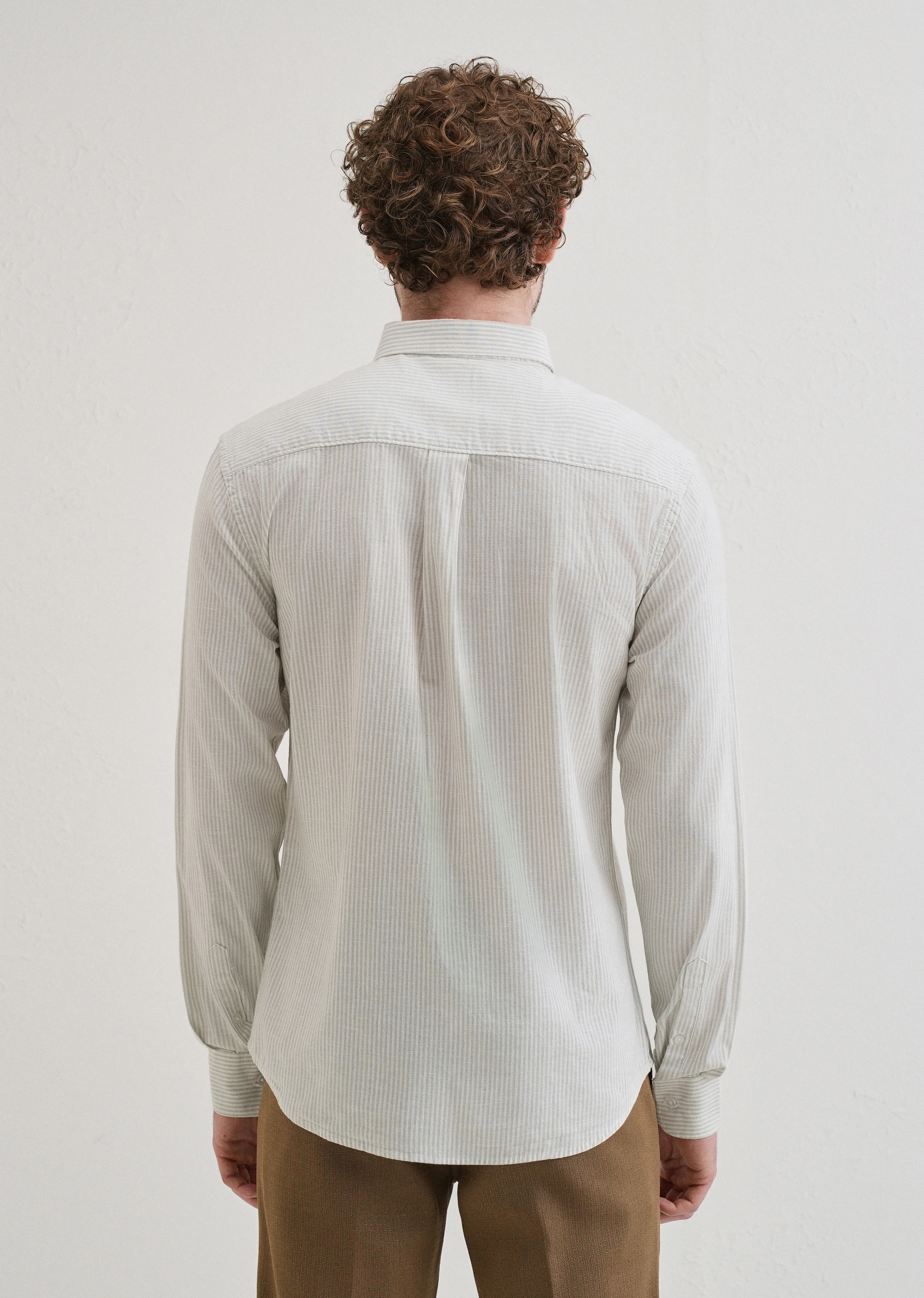Light Green Striped Cotton Linen Shirt - Image 3