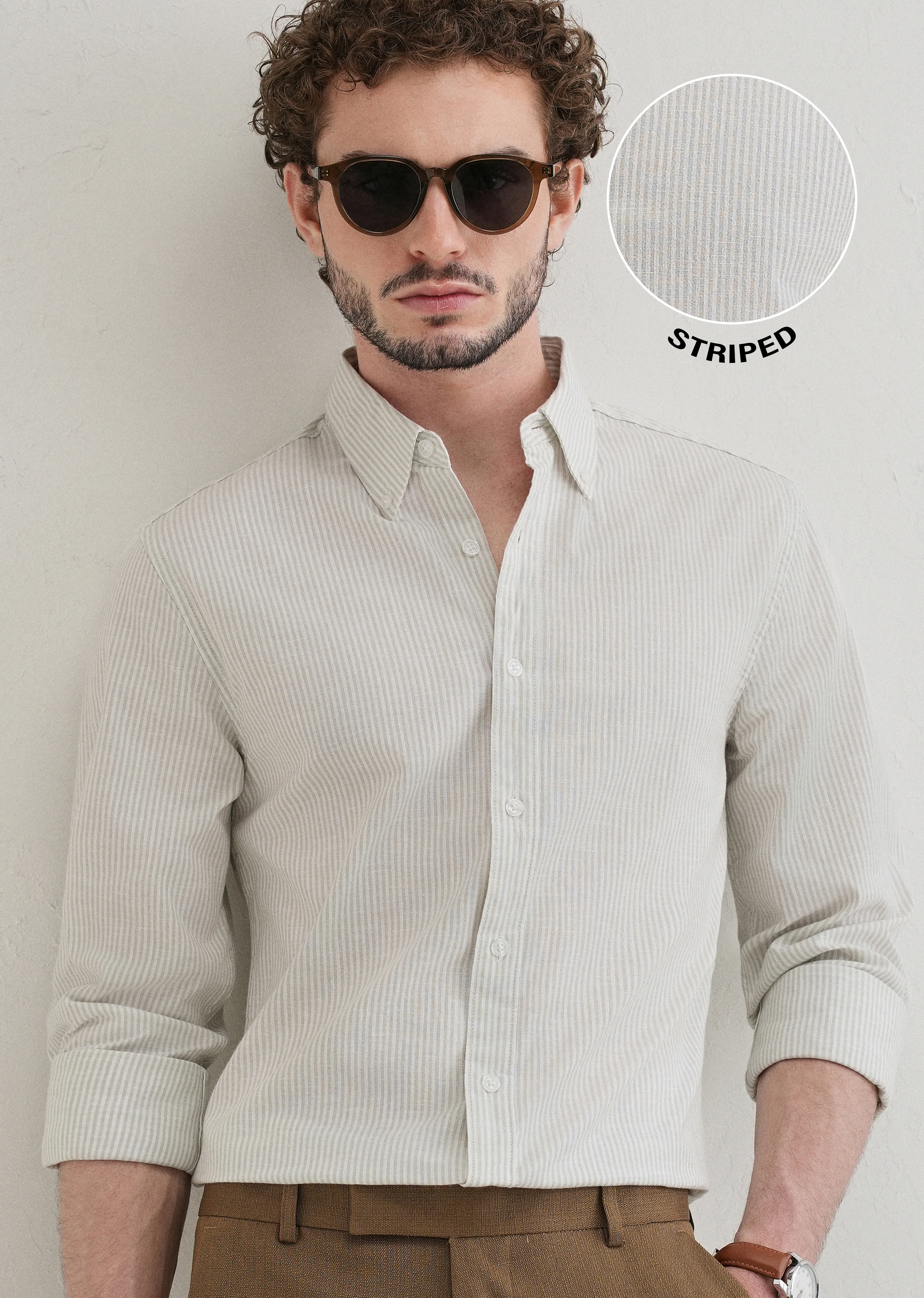 Light Green Striped Cotton Linen Shirt - Image 7