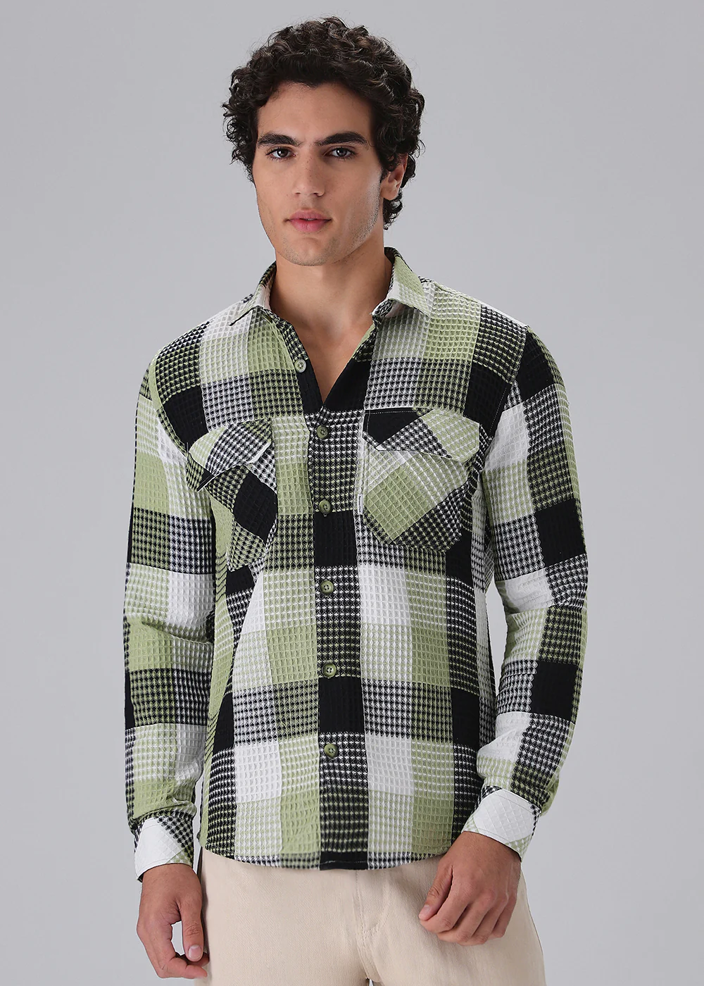 Light Green Waffle Plaid Check Shirt - Image 3
