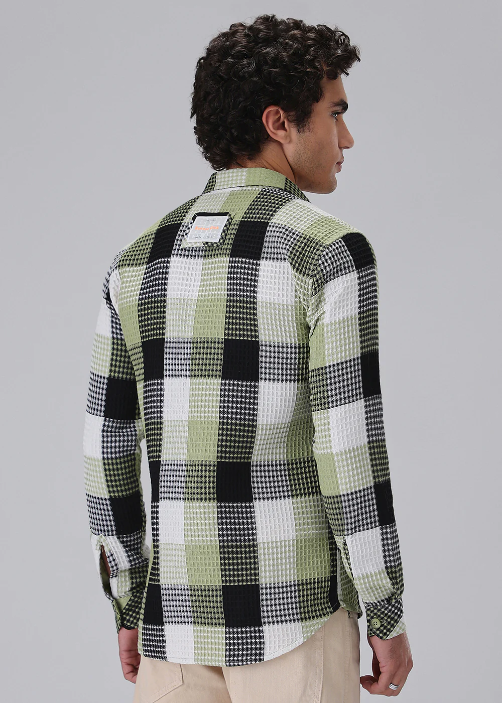 Light Green Waffle Plaid Check Shirt - Image 4
