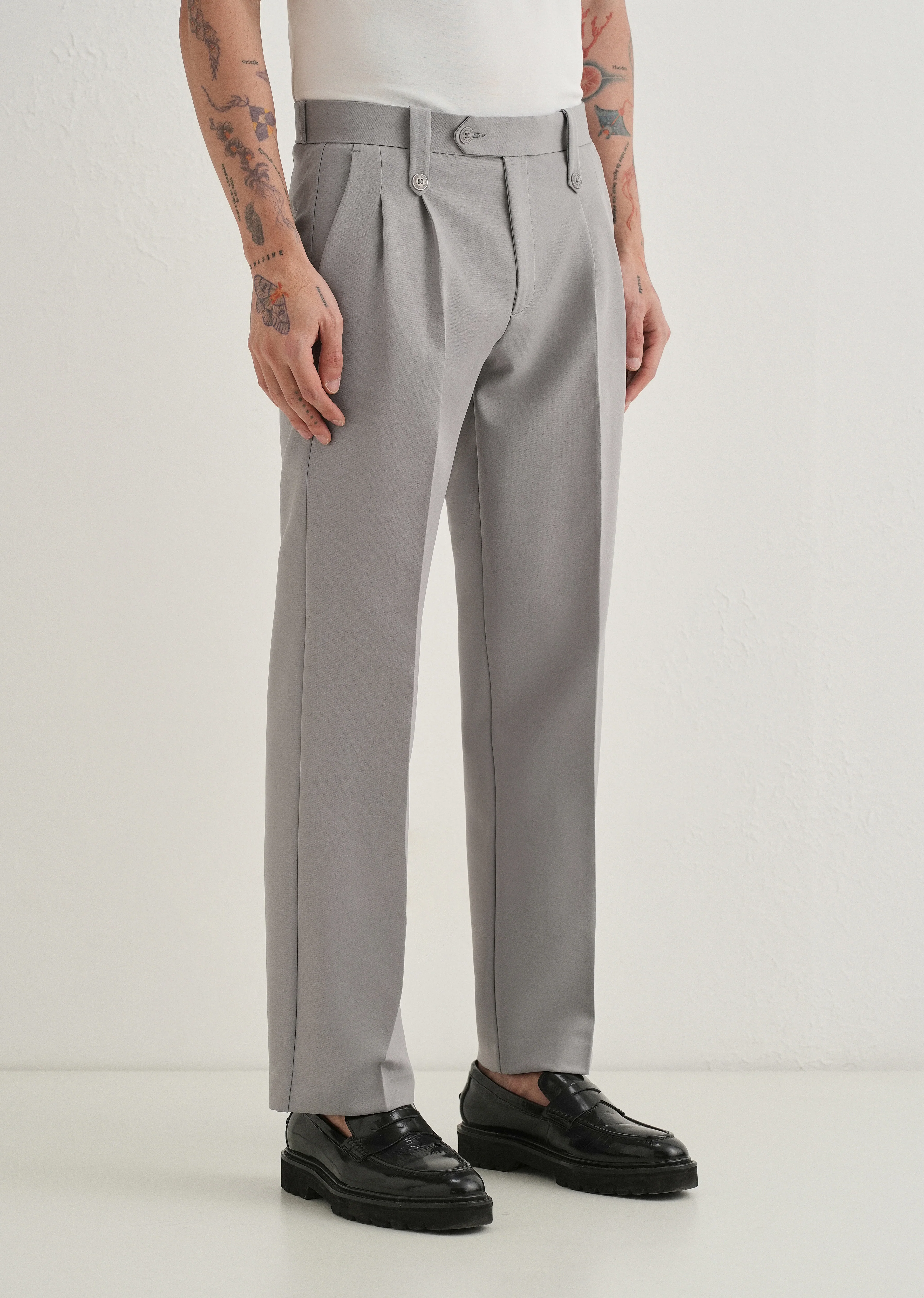 Light Grey Button-Tab Pleat Trouser - Image 4