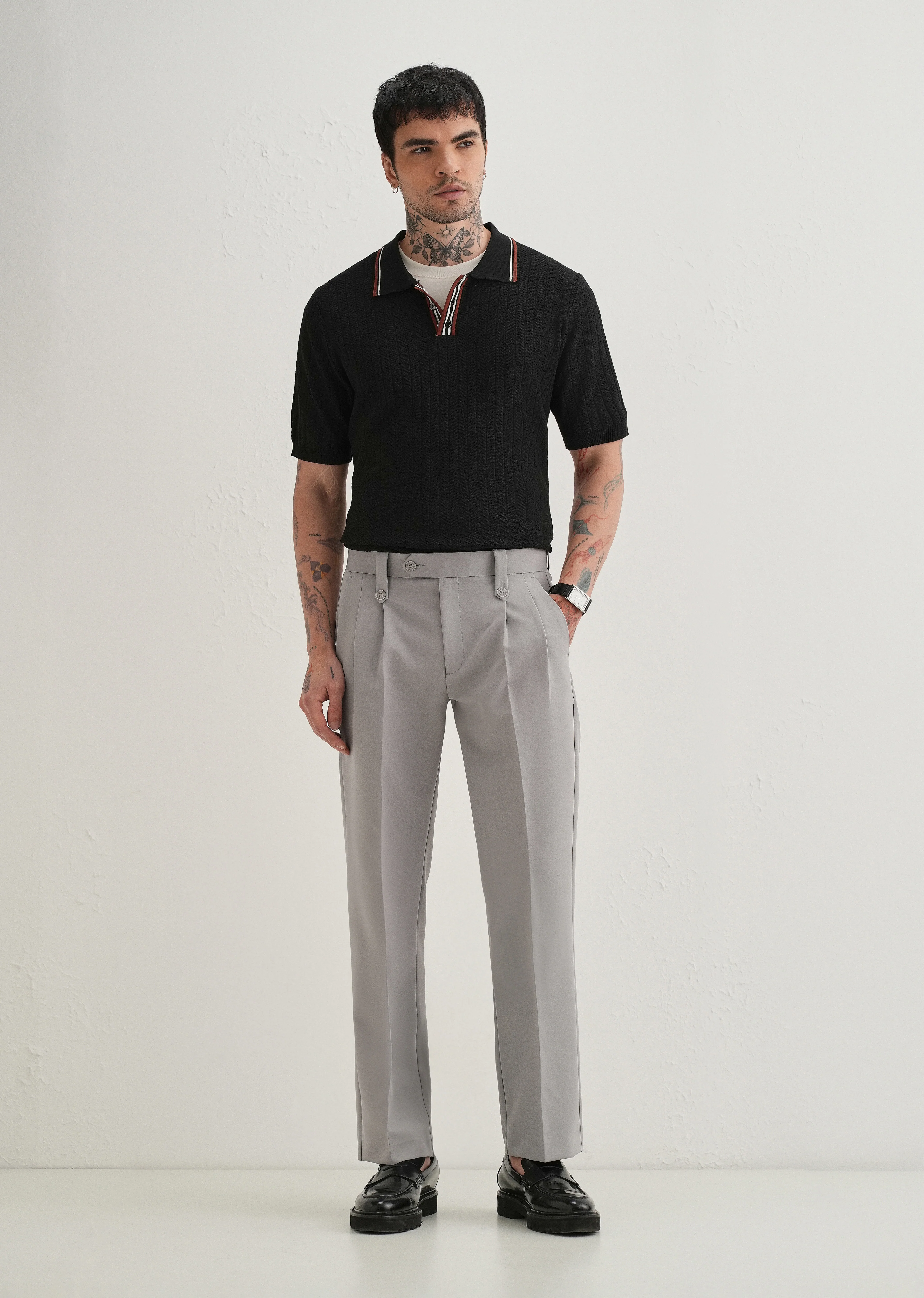 Light Grey Button-Tab Pleat Trouser - Image 6
