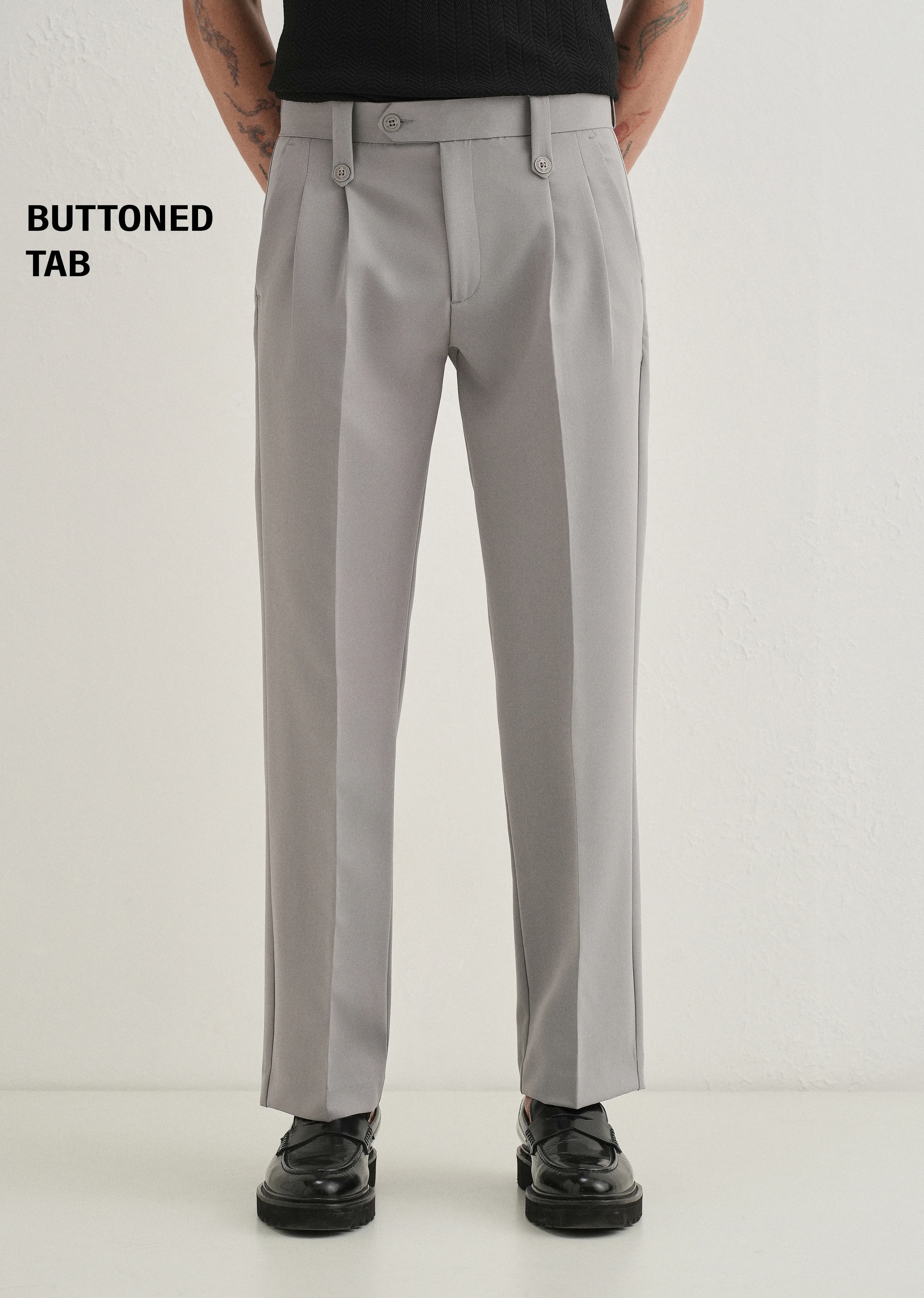 Light Grey Button-Tab Pleat Trouser - Image 7