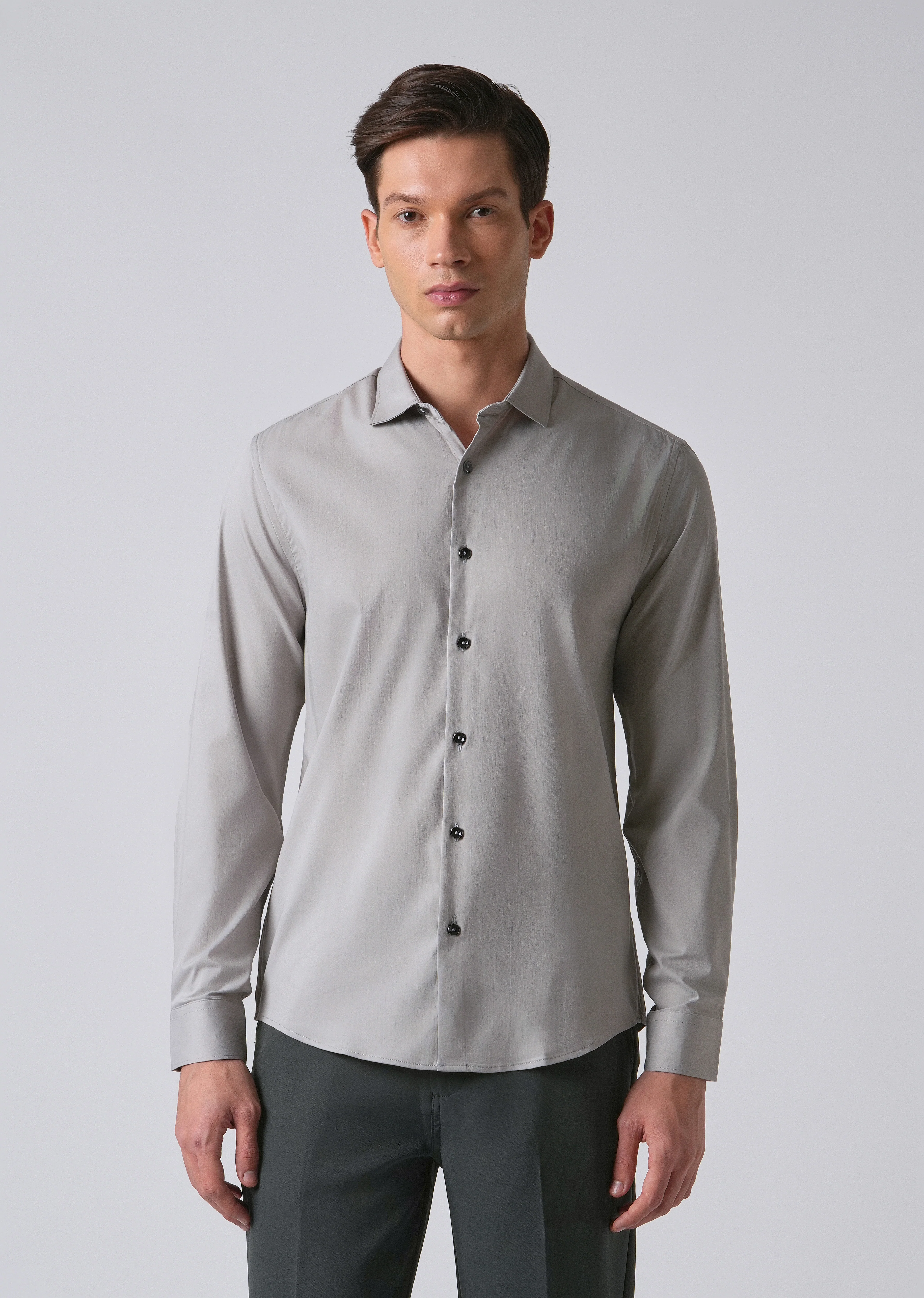 Light Grey Cotton Stretch Plain Shirt - Image 3