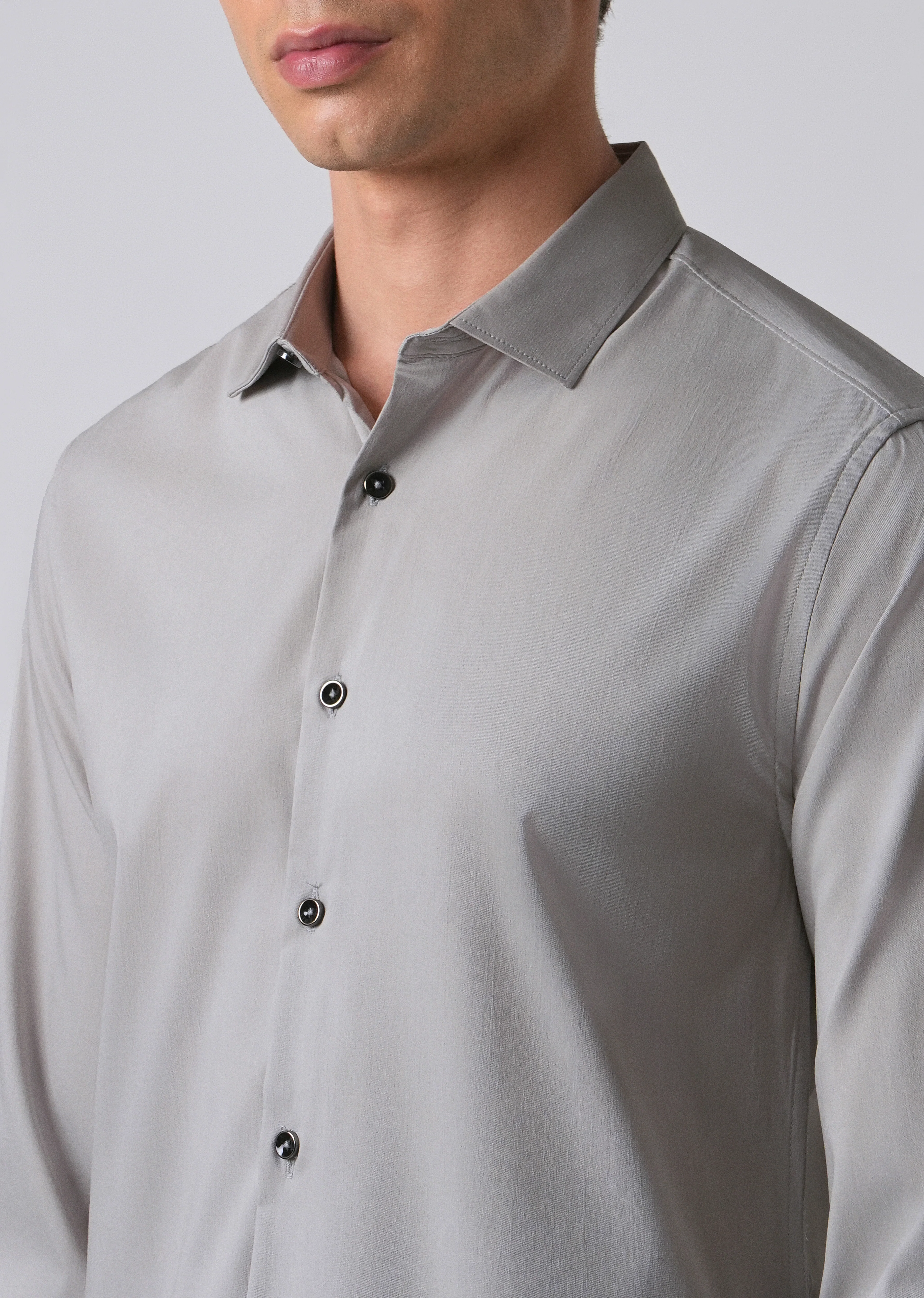 Light Grey Cotton Stretch Plain Shirt - Image 5