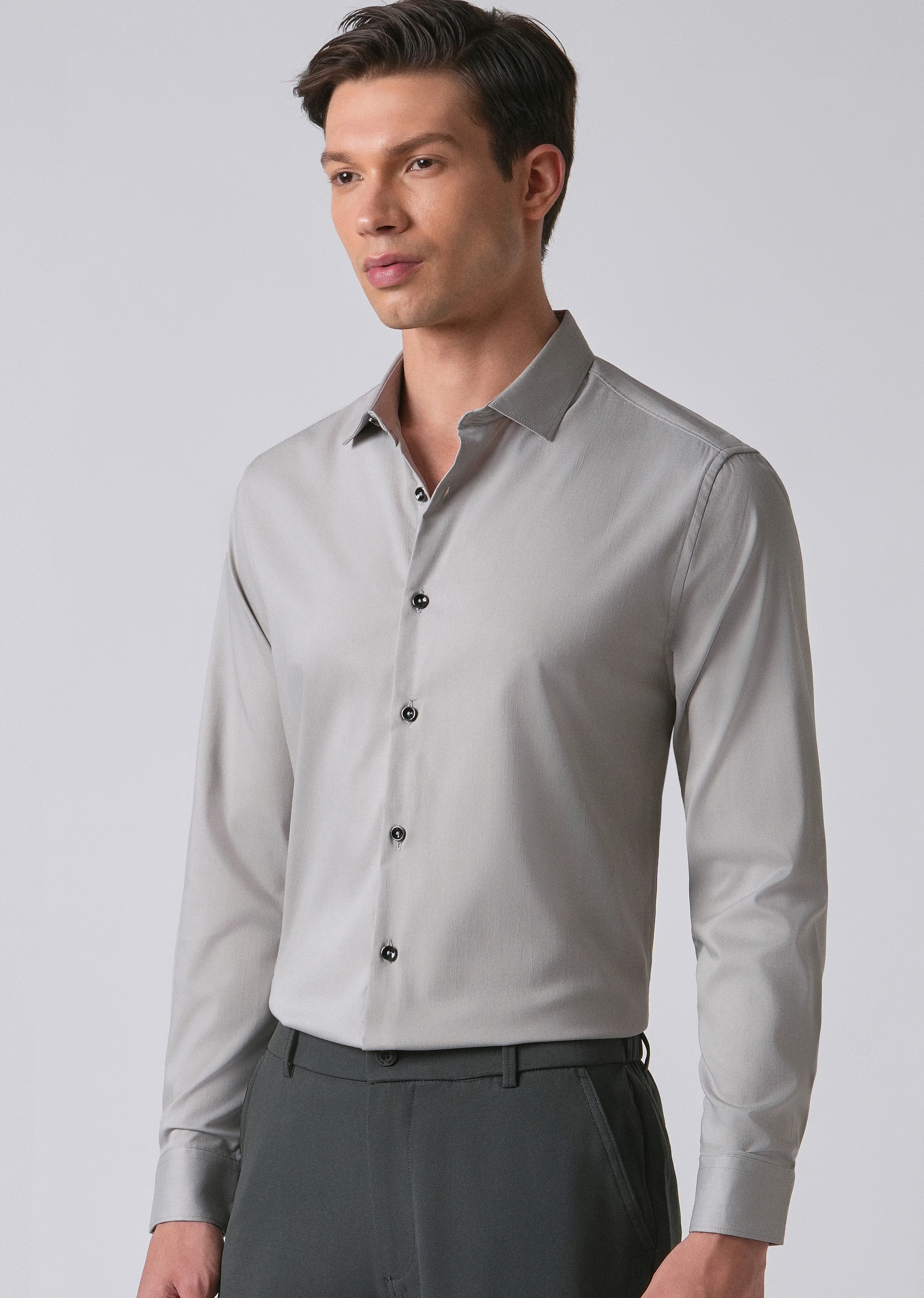 Light Grey Cotton Stretch Plain Shirt - Image 7