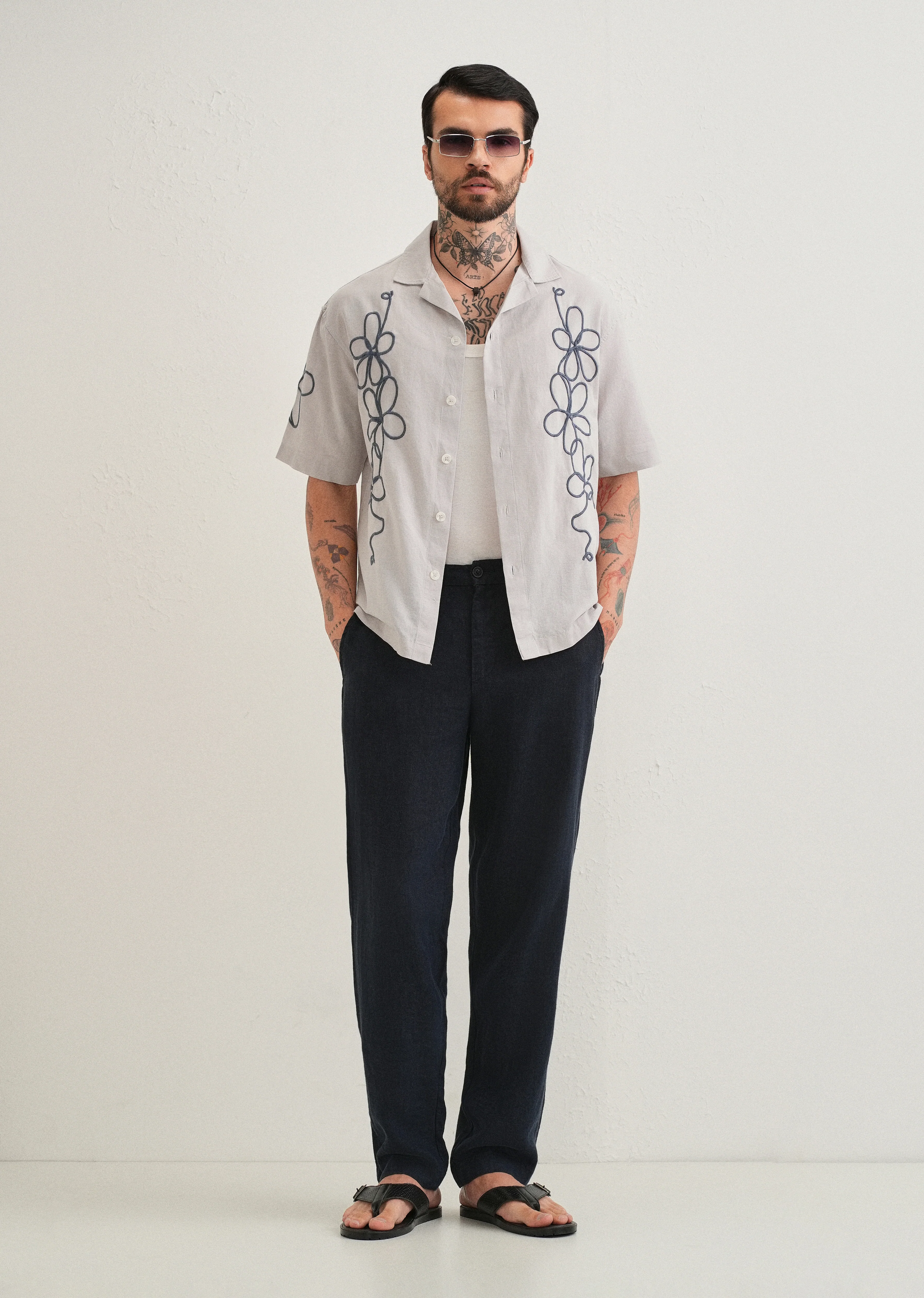 Light Grey Floral Embroidery Cuban Collar Shirt - Image 6