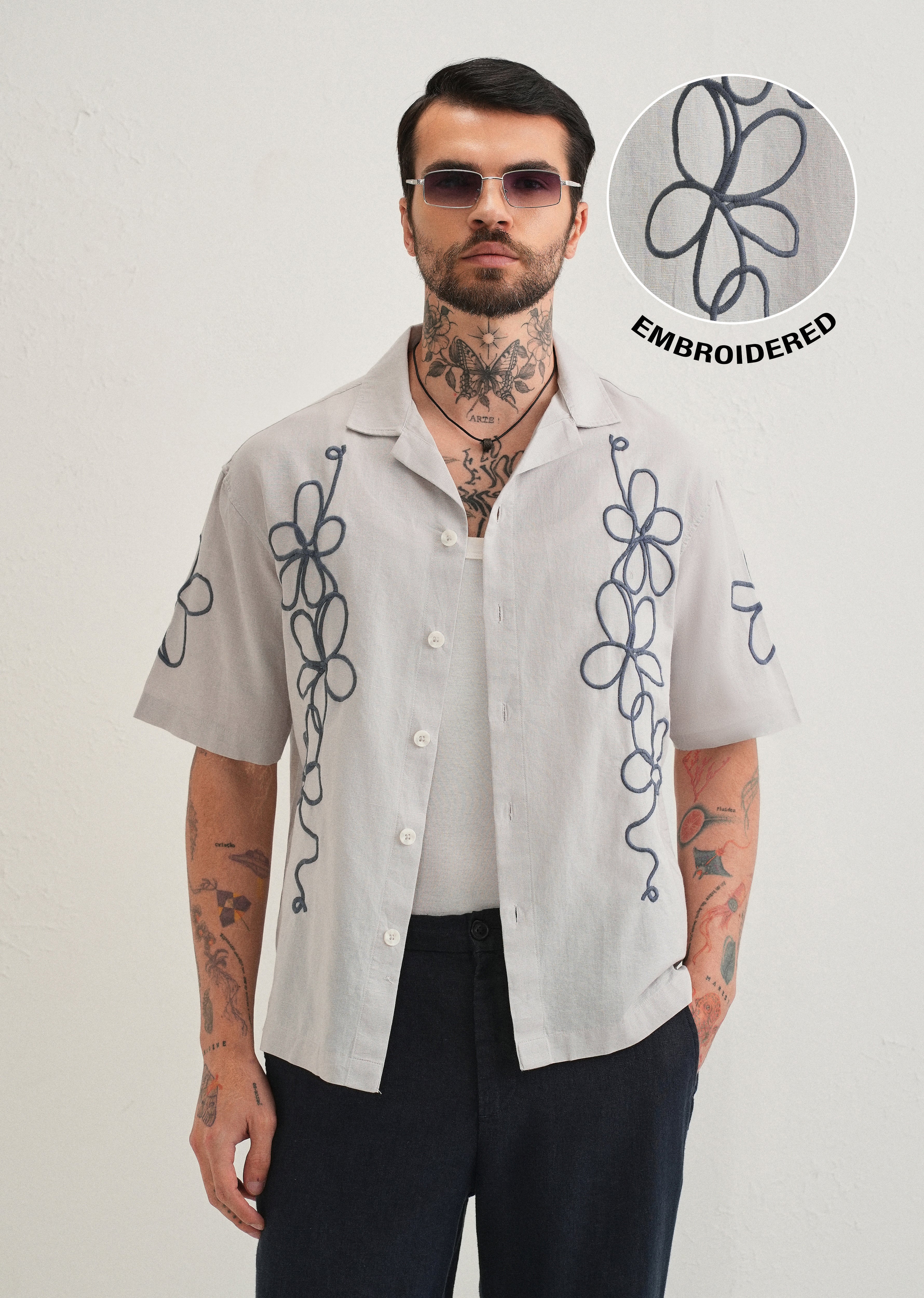 Light Grey Floral Embroidery Cuban Collar Shirt - Image 7