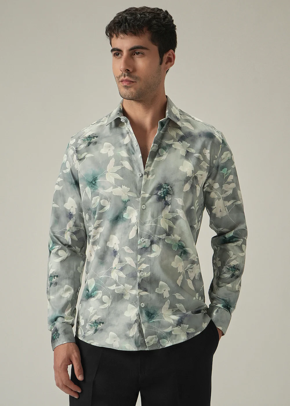 Light Grey Floral Print Shirt - Image 3