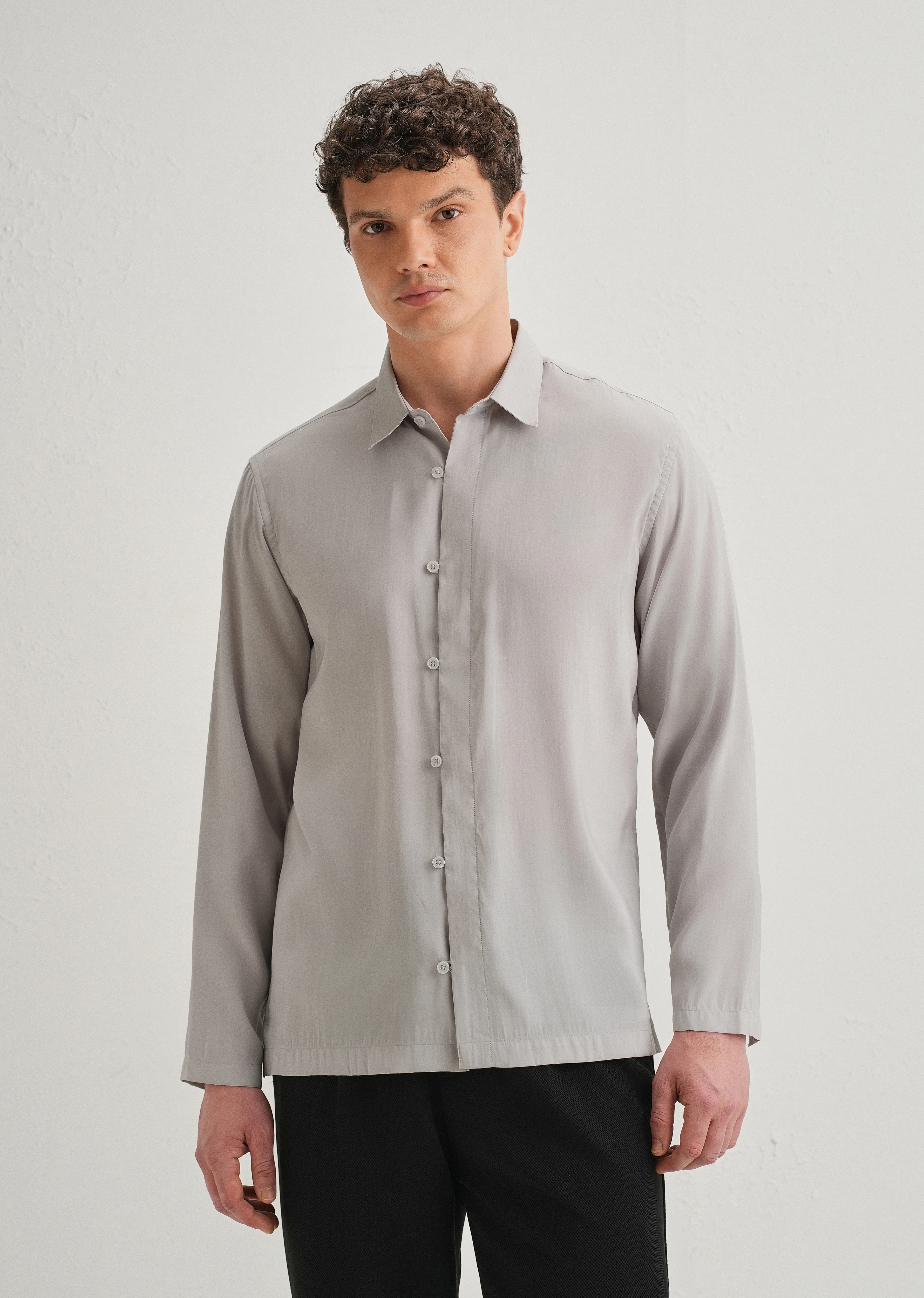 Light Grey Loop Button-Down Plain Shirt - Image 3