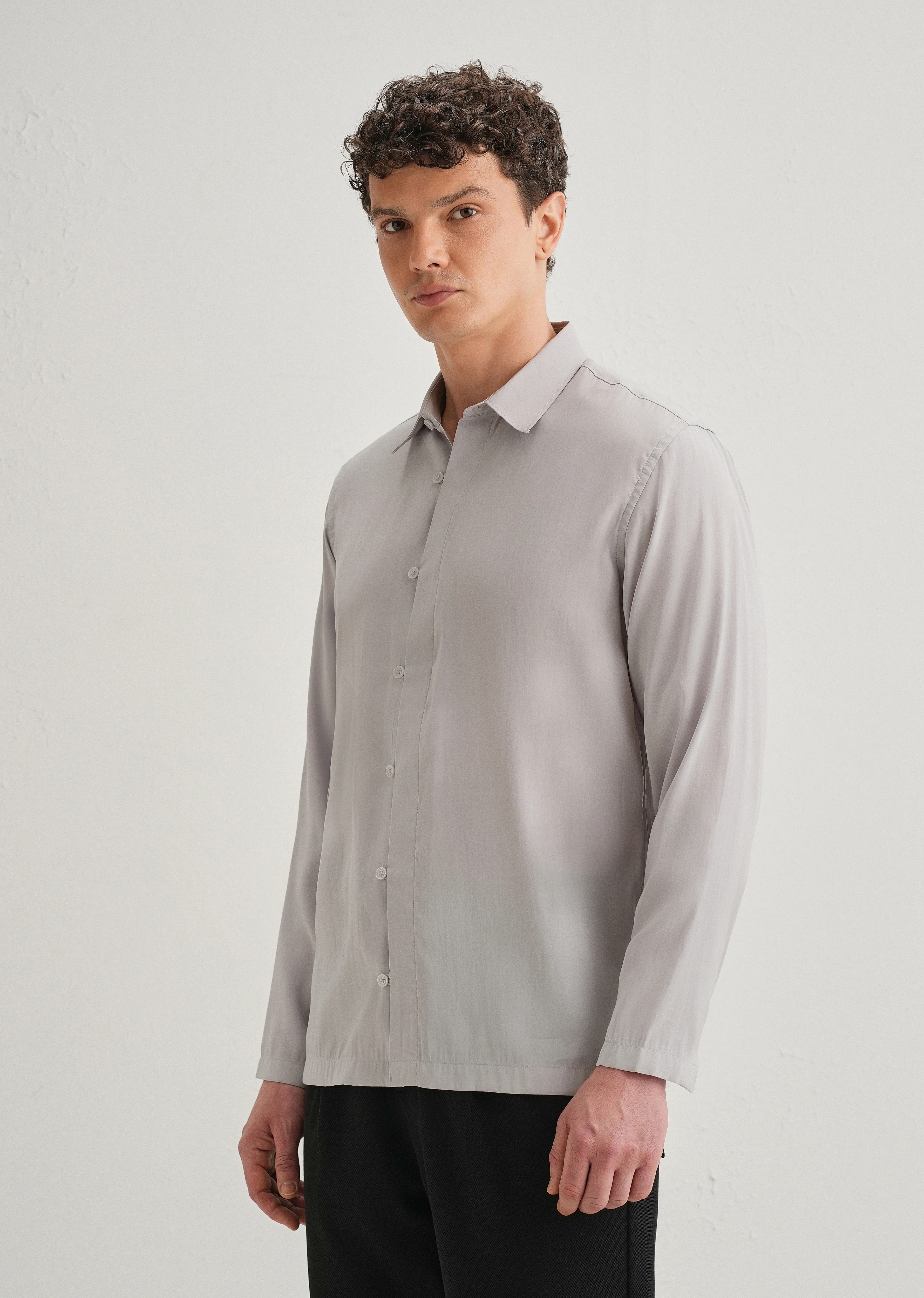 Light Grey Loop Button-Down Plain Shirt - Image 5