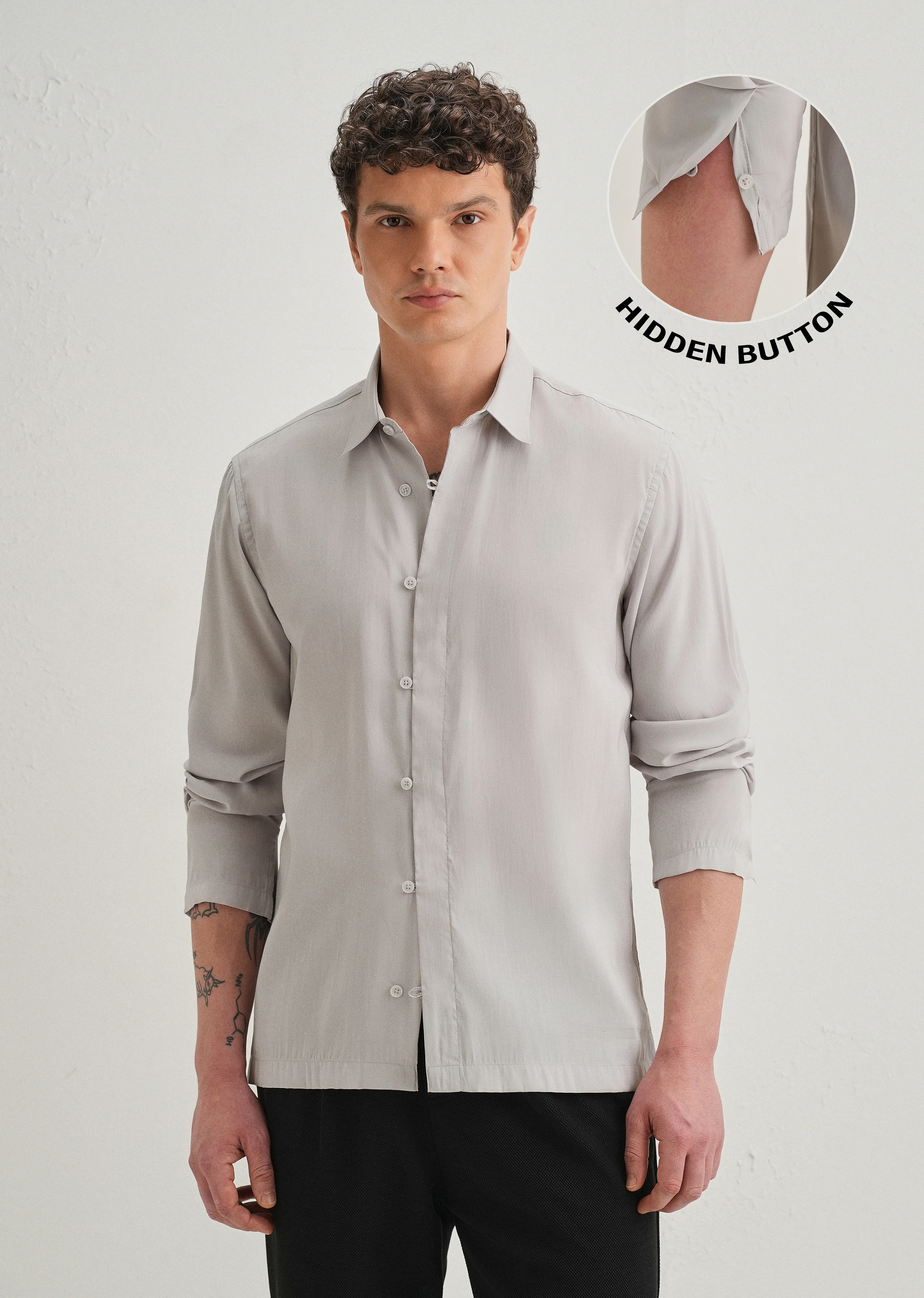 Light Grey Loop Button-Down Plain Shirt - Image 8