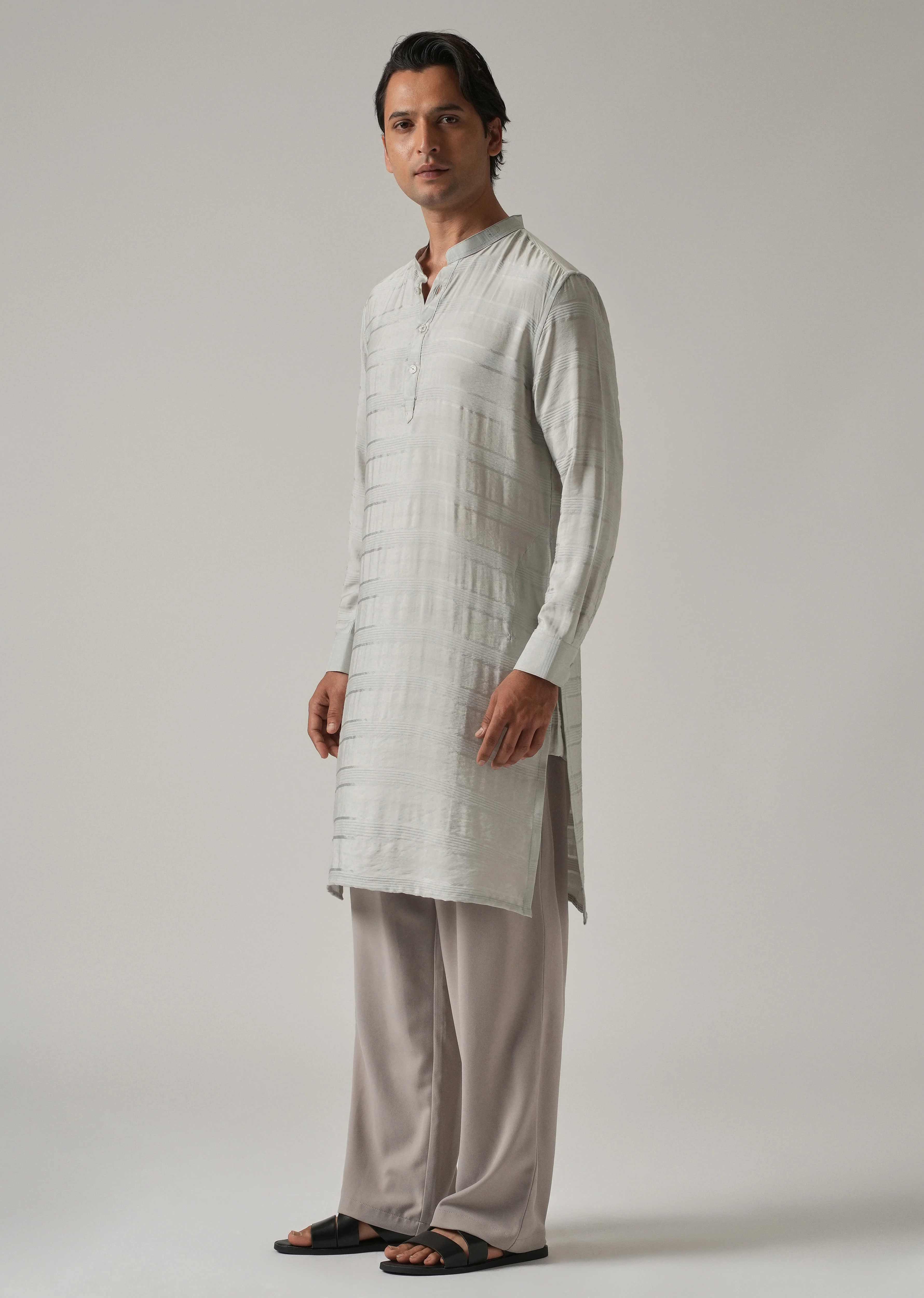 Light Grey Nylon Subtle Stripe Kurta - Image 4
