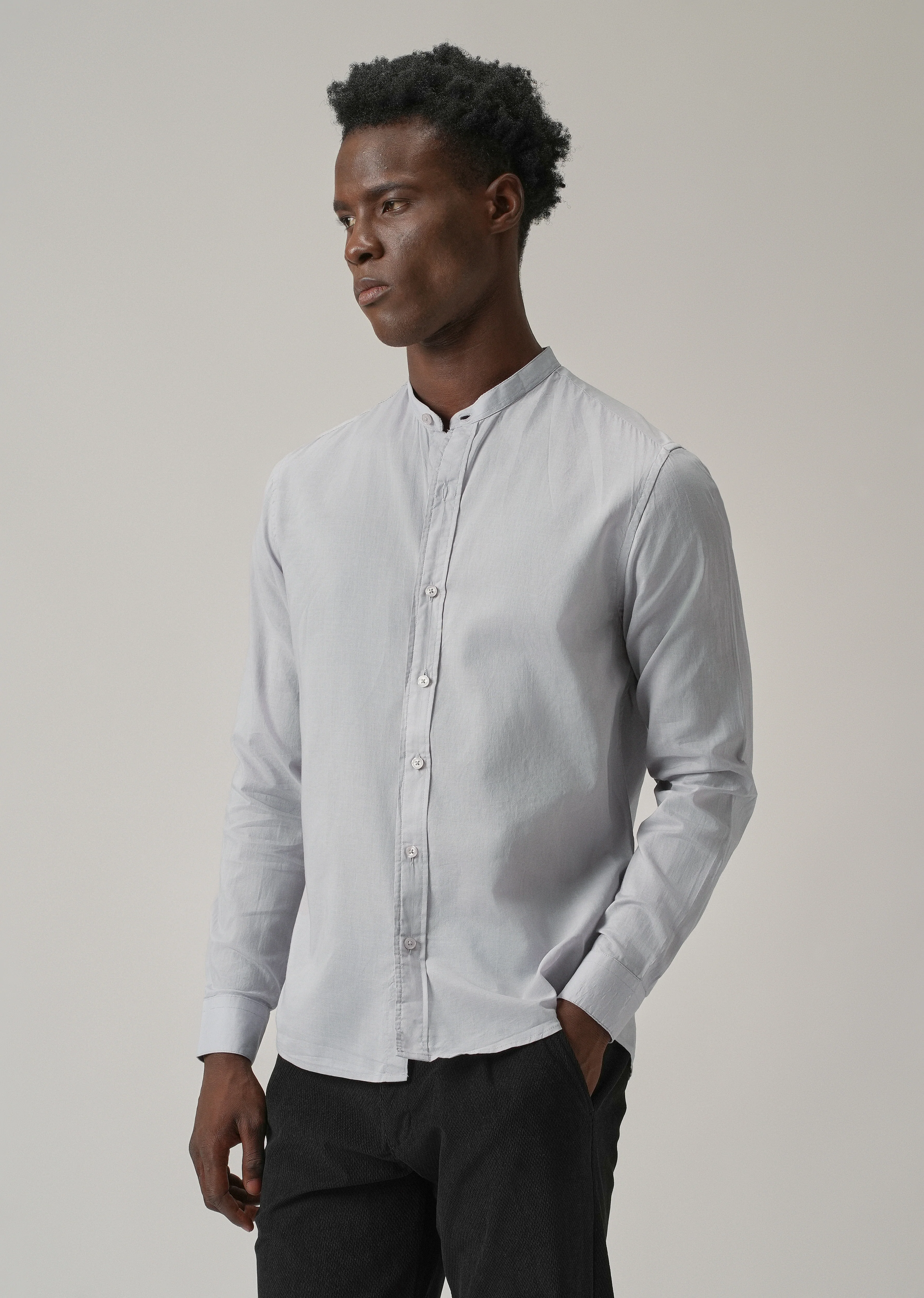 Light Grey Plain Cotton Shirt - Image 4
