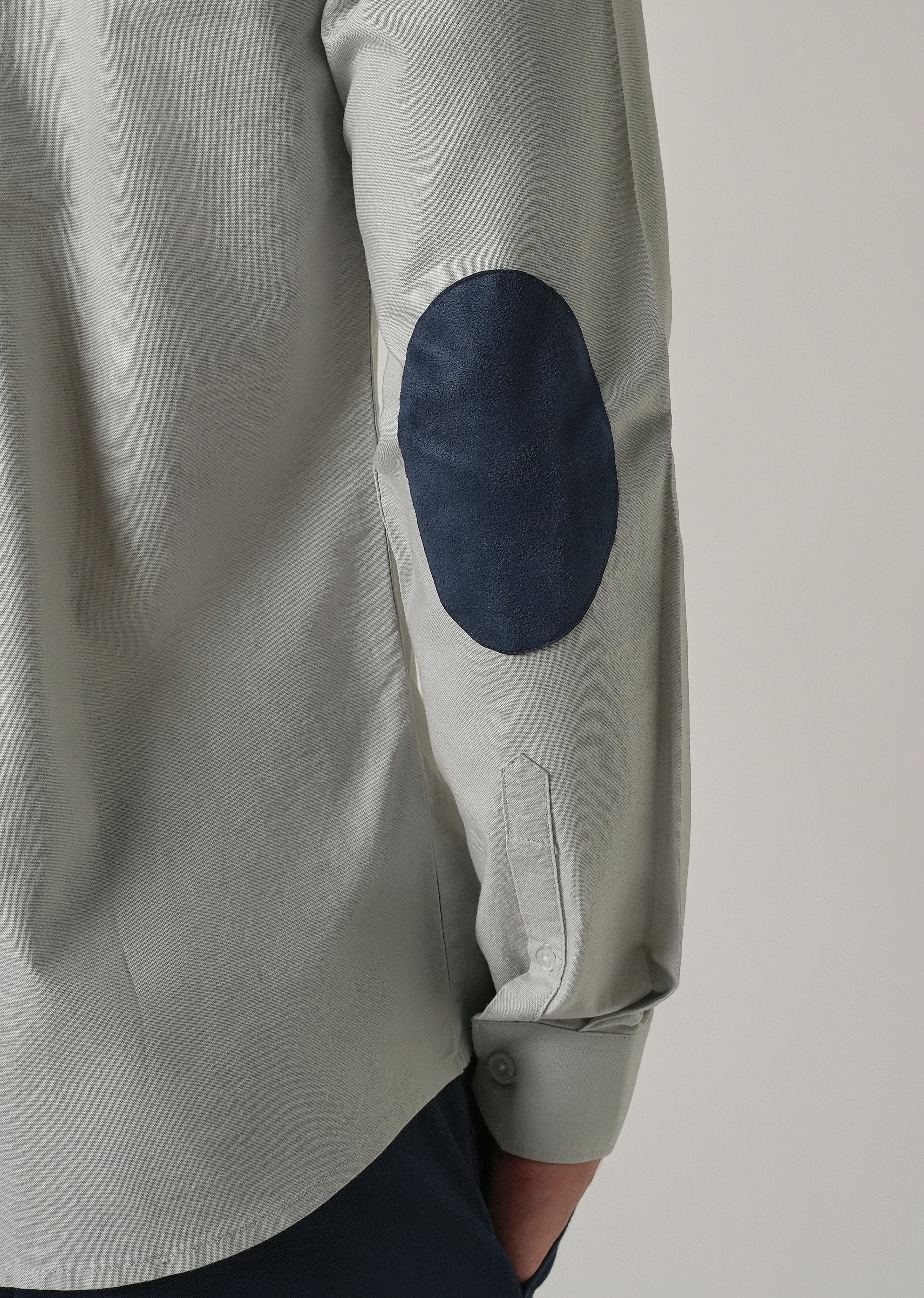 Light Grey Plain Elbow Patch Oxford Shirt - Image 2