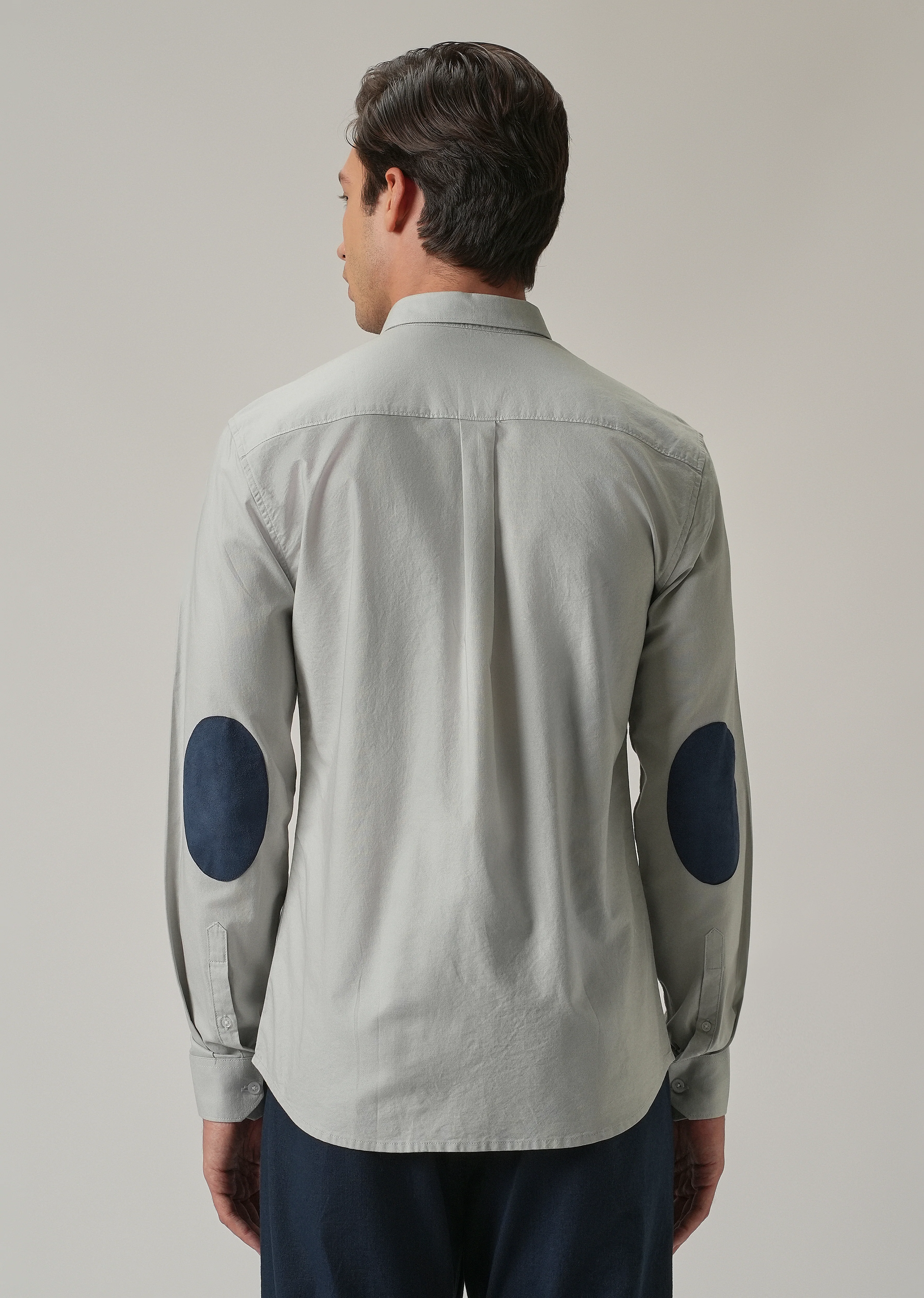 Light Grey Plain Elbow Patch Oxford Shirt - Image 3
