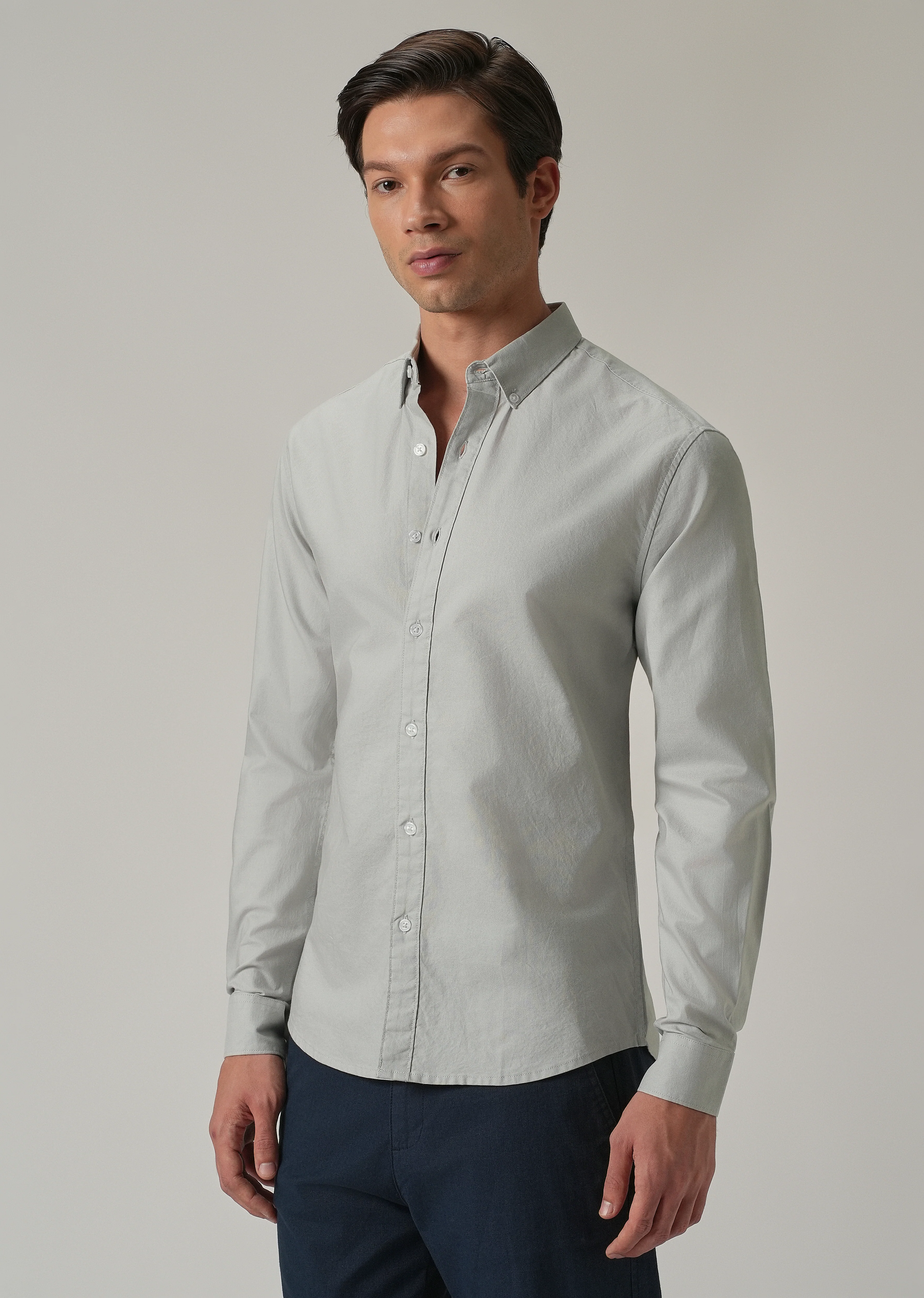 Light Grey Plain Elbow Patch Oxford Shirt - Image 5