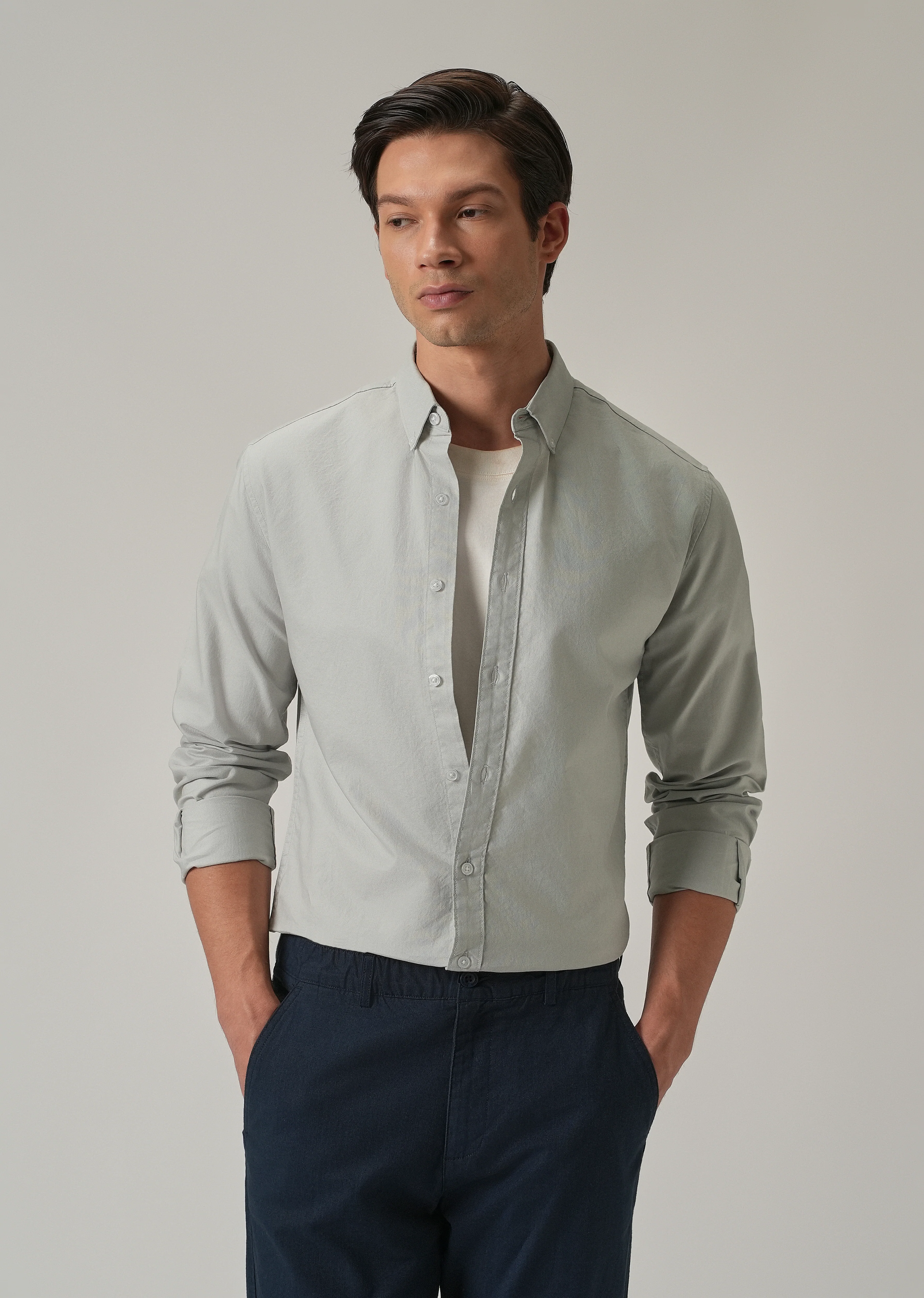 Light Grey Plain Elbow Patch Oxford Shirt - Image 7