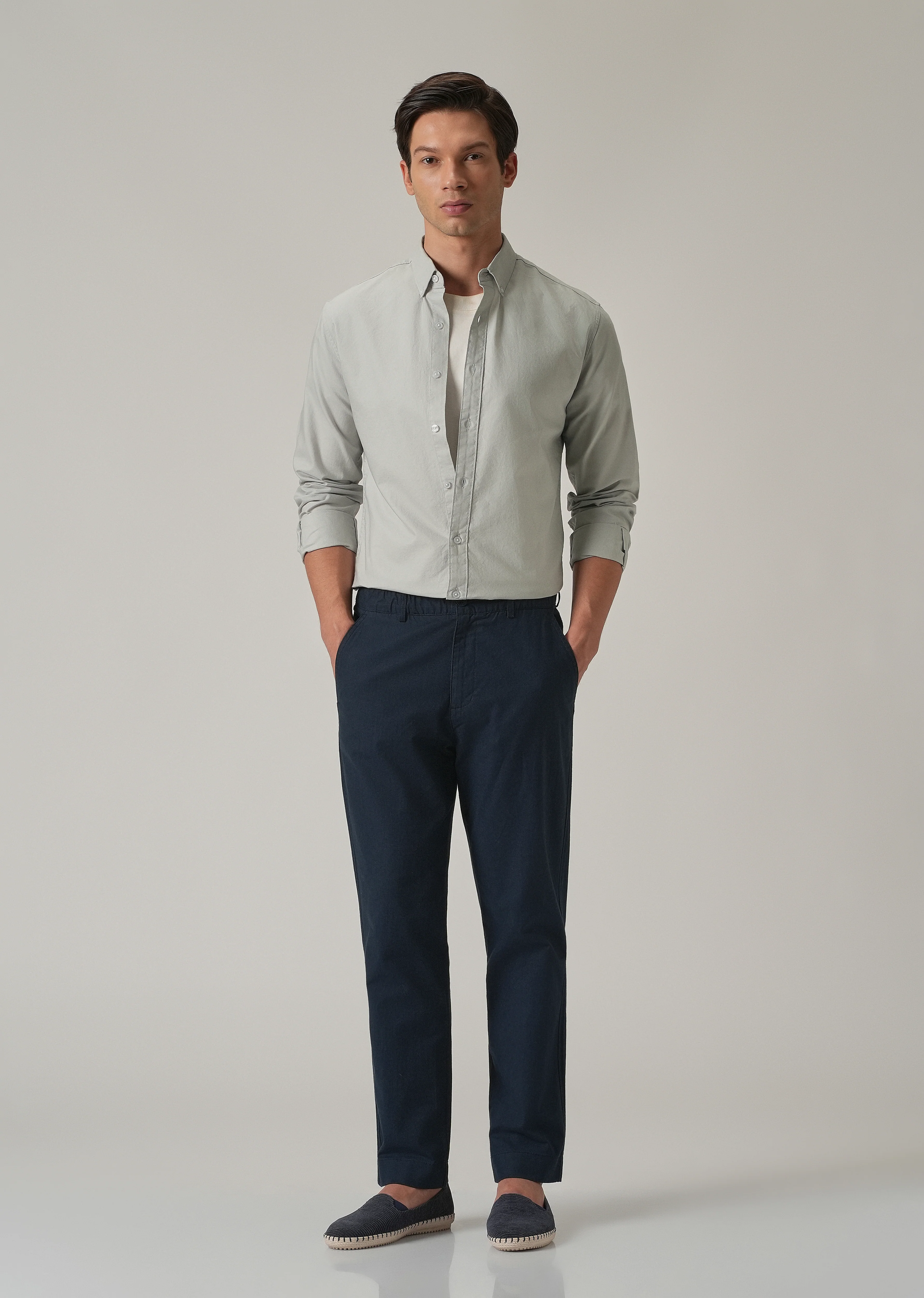 Light Grey Plain Elbow Patch Oxford Shirt - Image 8