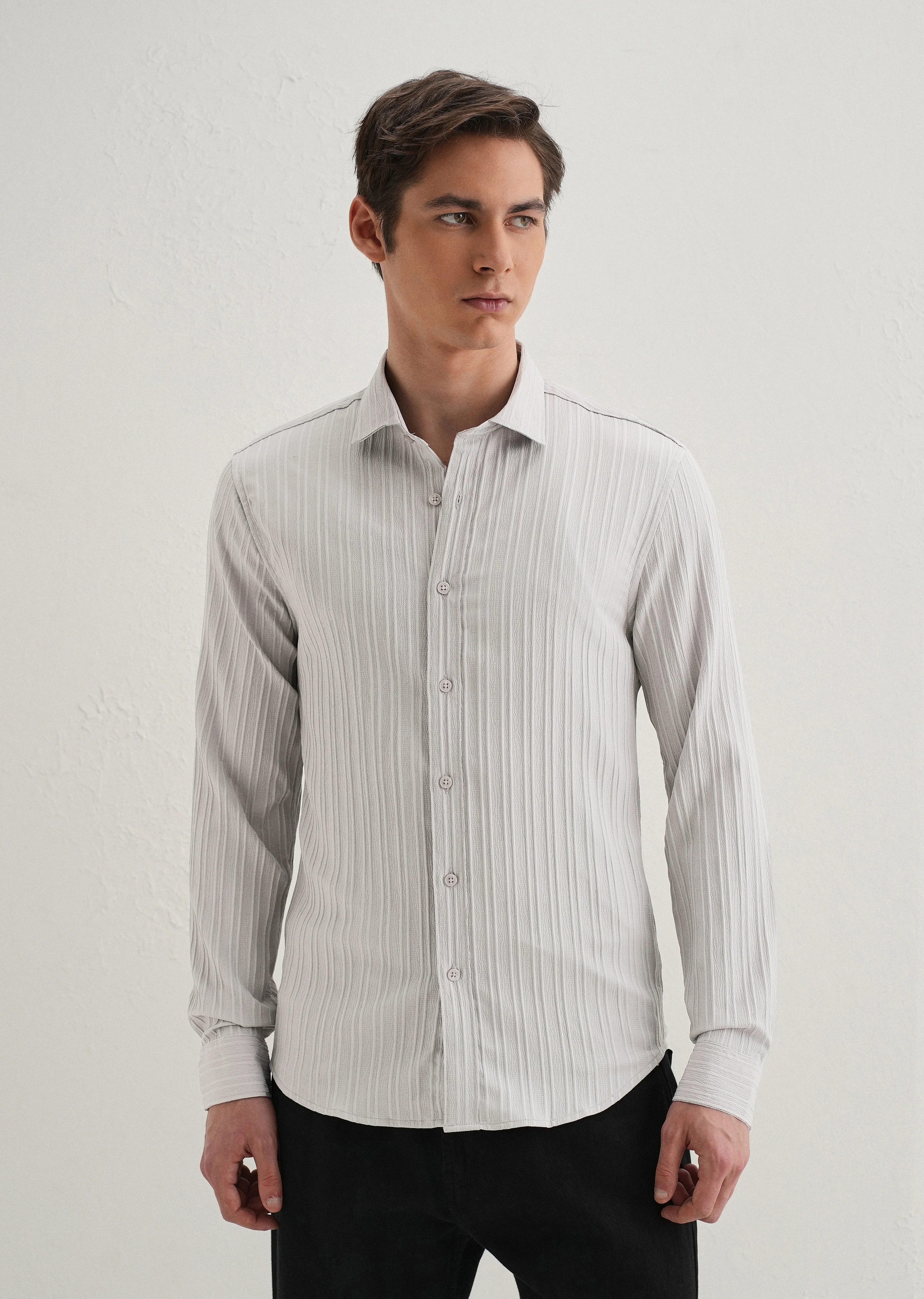 Light Grey Plain Self Striped Shirt - Image 3