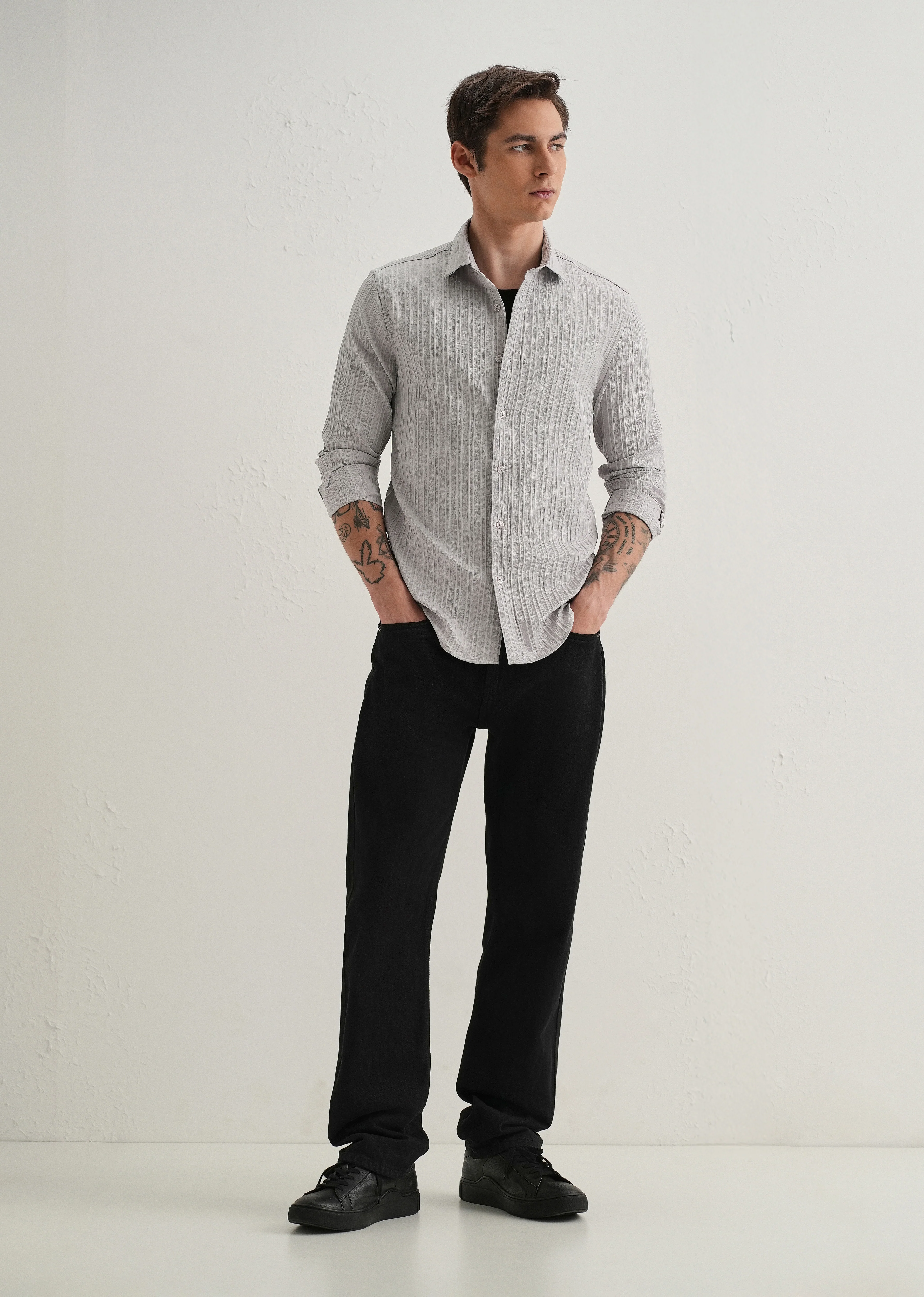 Light Grey Plain Self Striped Shirt - Image 6